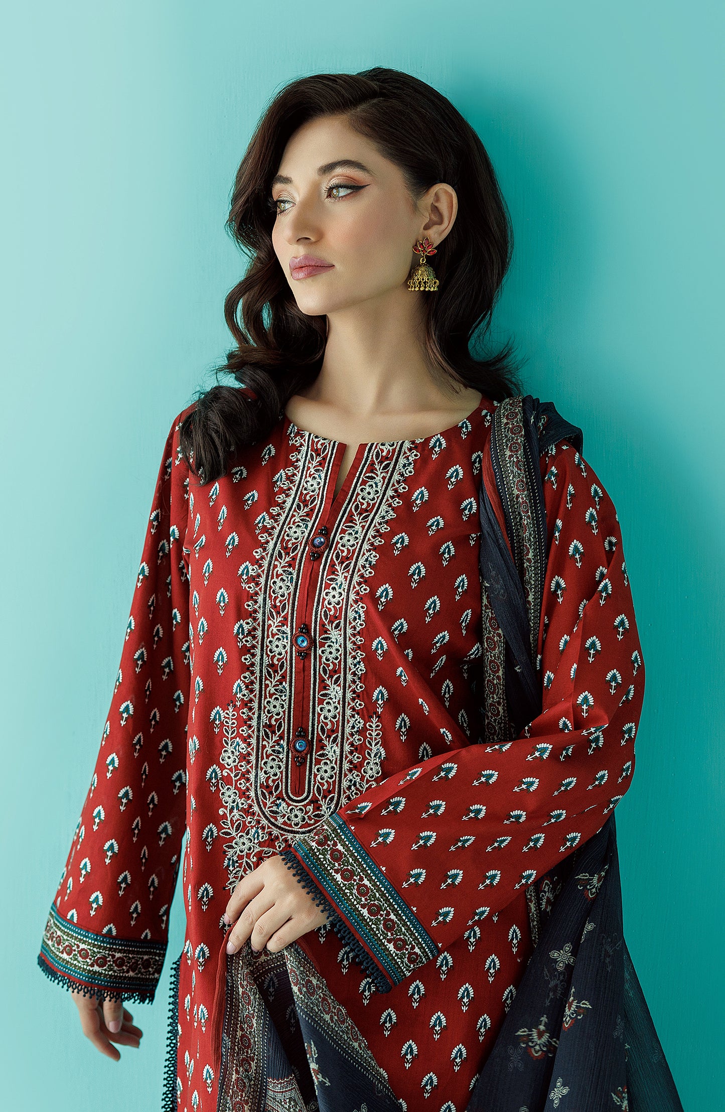 Unstitched 3 Piece Printed Embroidered Lawn Shirt , Cambric Pant and Chiffon Dupatta (OTL-24-037/U RED)