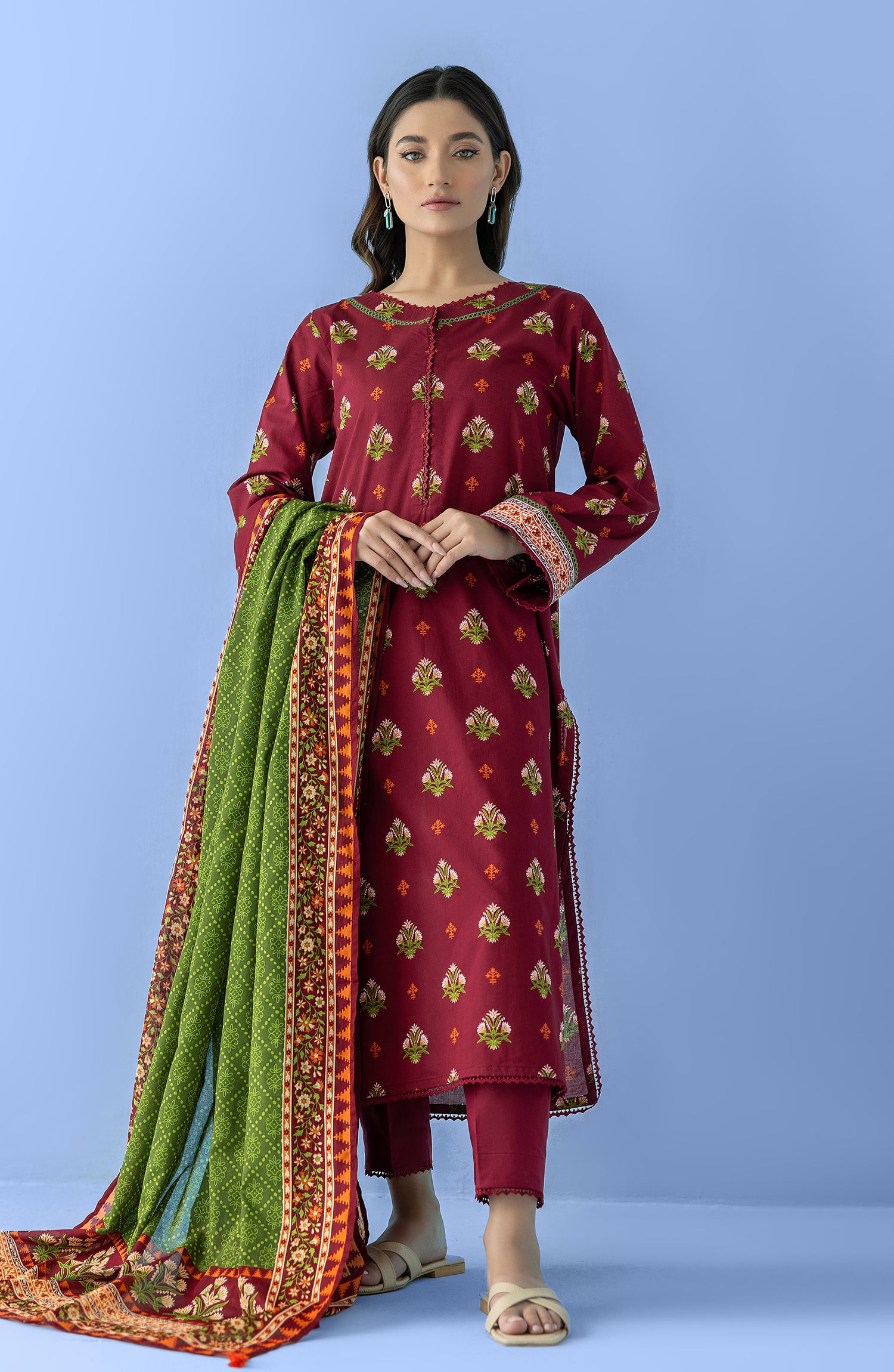 Stitched 3 Piece Printed Lawn Shirt , Cambric Pant and Lawn Dupatta (OTL-24-096/S MAROON)