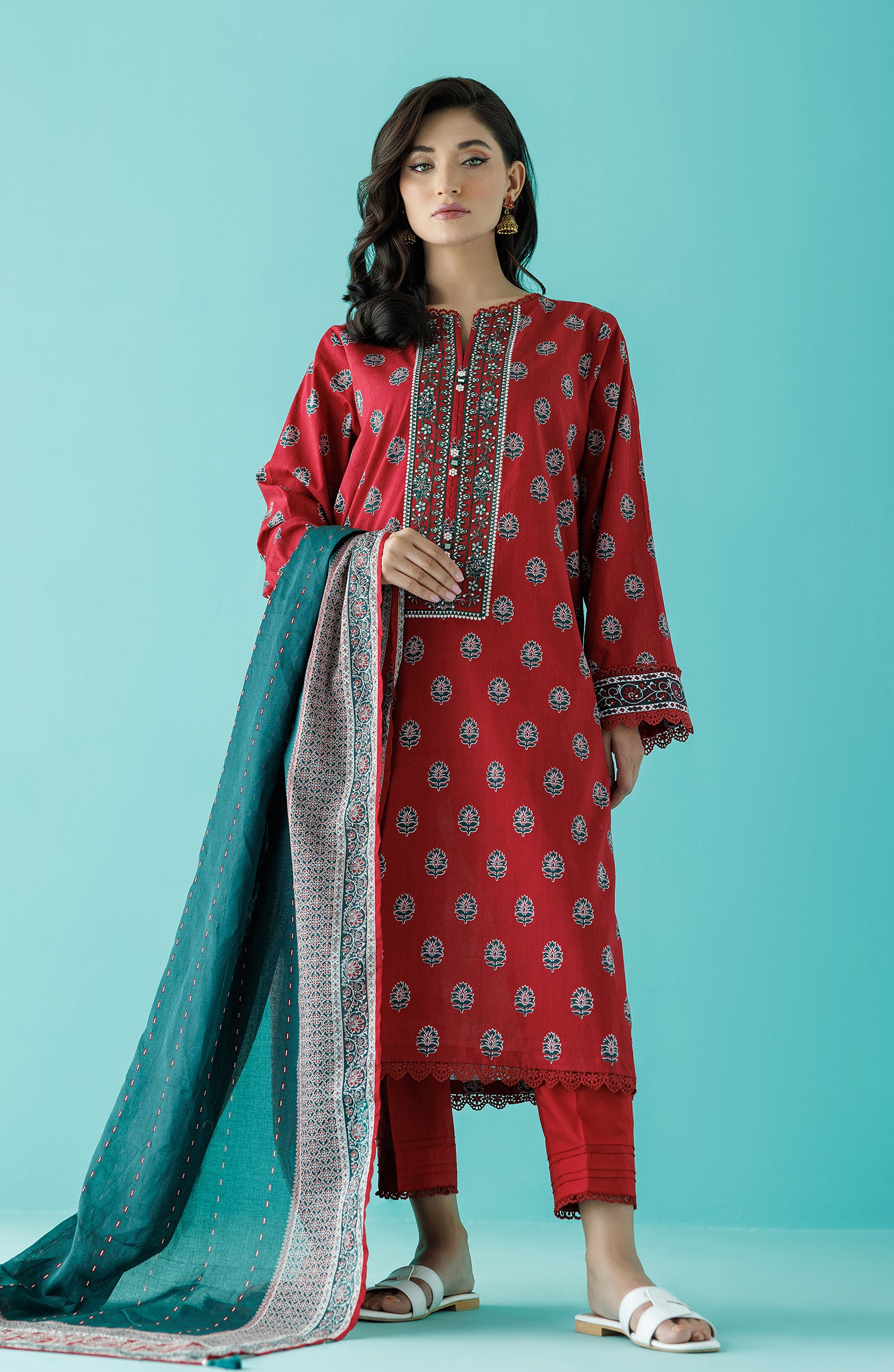 Unstitched 3 Piece Printed Embroidered Lawn Shirt , Cambric Pant and Lawn Dupatta