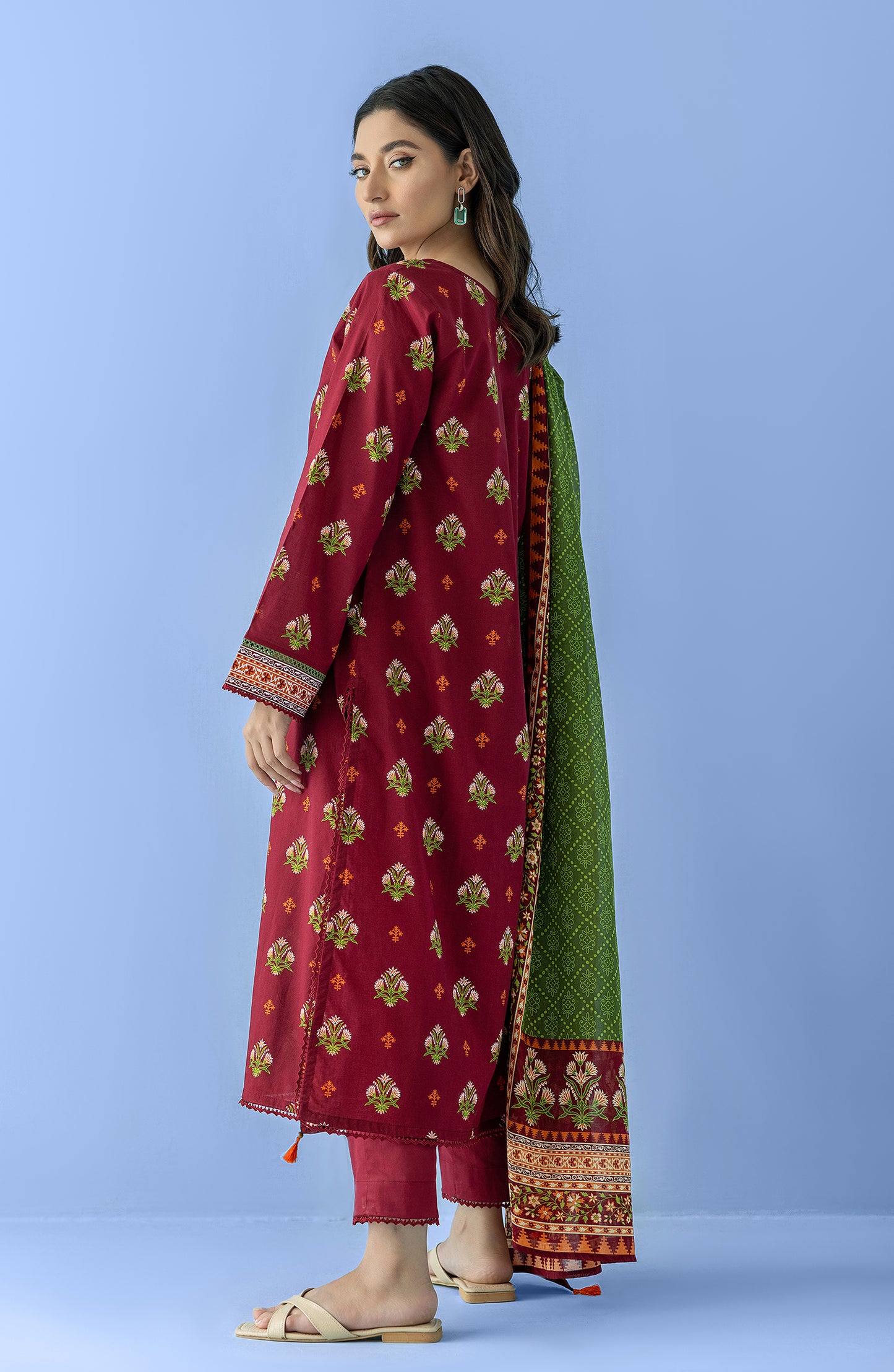 Stitched 3 Piece Printed Lawn Shirt , Cambric Pant and Lawn Dupatta (OTL-24-096/S MAROON)