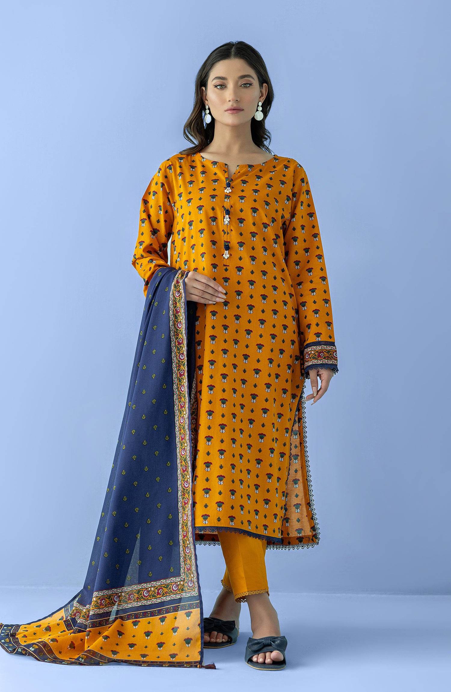 Stitched 3 Piece Printed Lawn Shirt , Cambric Pant and Lawn Dupatta (OTL-24-088/S OCHER)