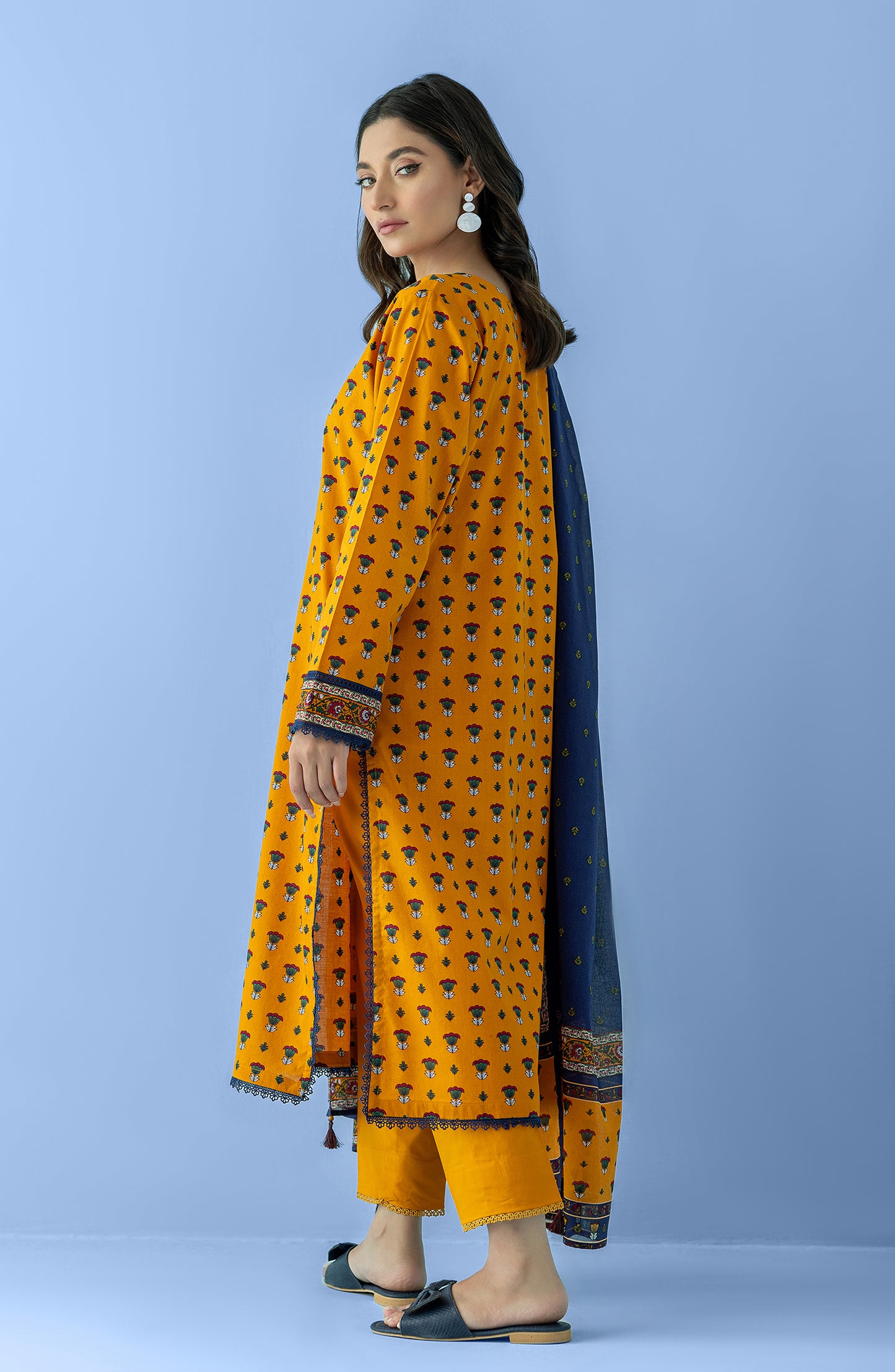 Stitched 3 Piece Printed Lawn Shirt , Cambric Pant and Lawn Dupatta (OTL-24-088/S OCHER)