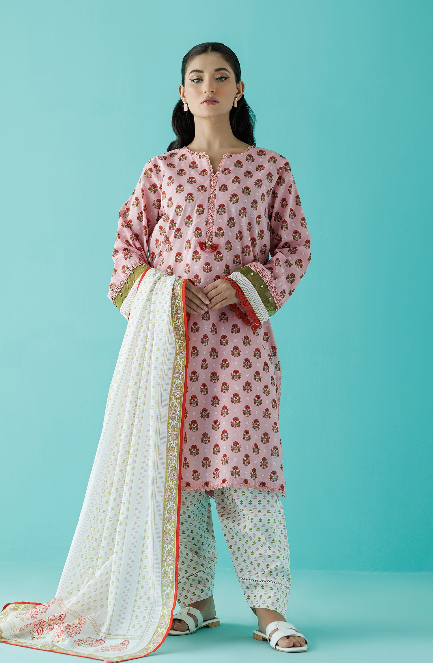 Unstitched 3 Piece Printed Lawn Shirt , Cambric Pant and Lawn Dupatta (OTL-24-197/U PINK)
