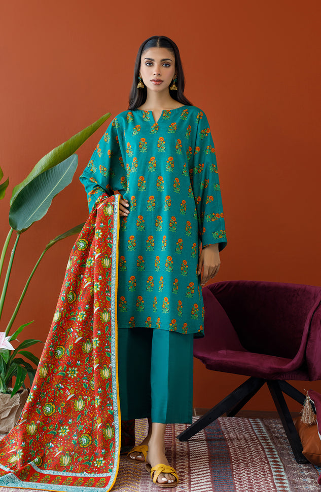 OTL-23-338/U GREEN KHADDAR Women UNSTITCHED SHIRT DUPATTA PANTS
