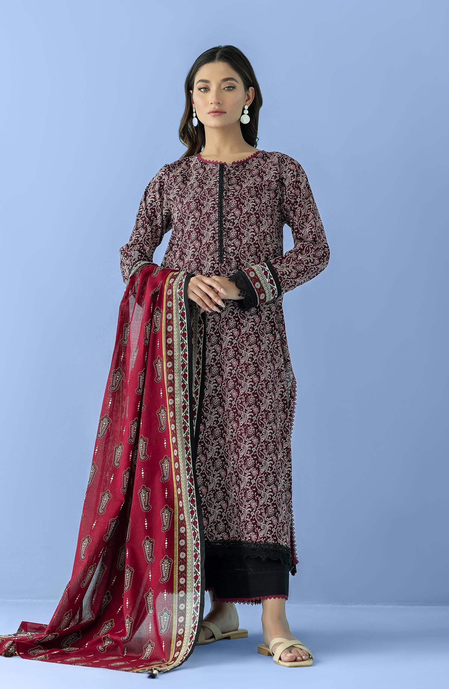 Stitched 3 Piece Printed Lawn Shirt , Cambric Pant and Lawn Dupatta (OTL-24-046/S BLACK)