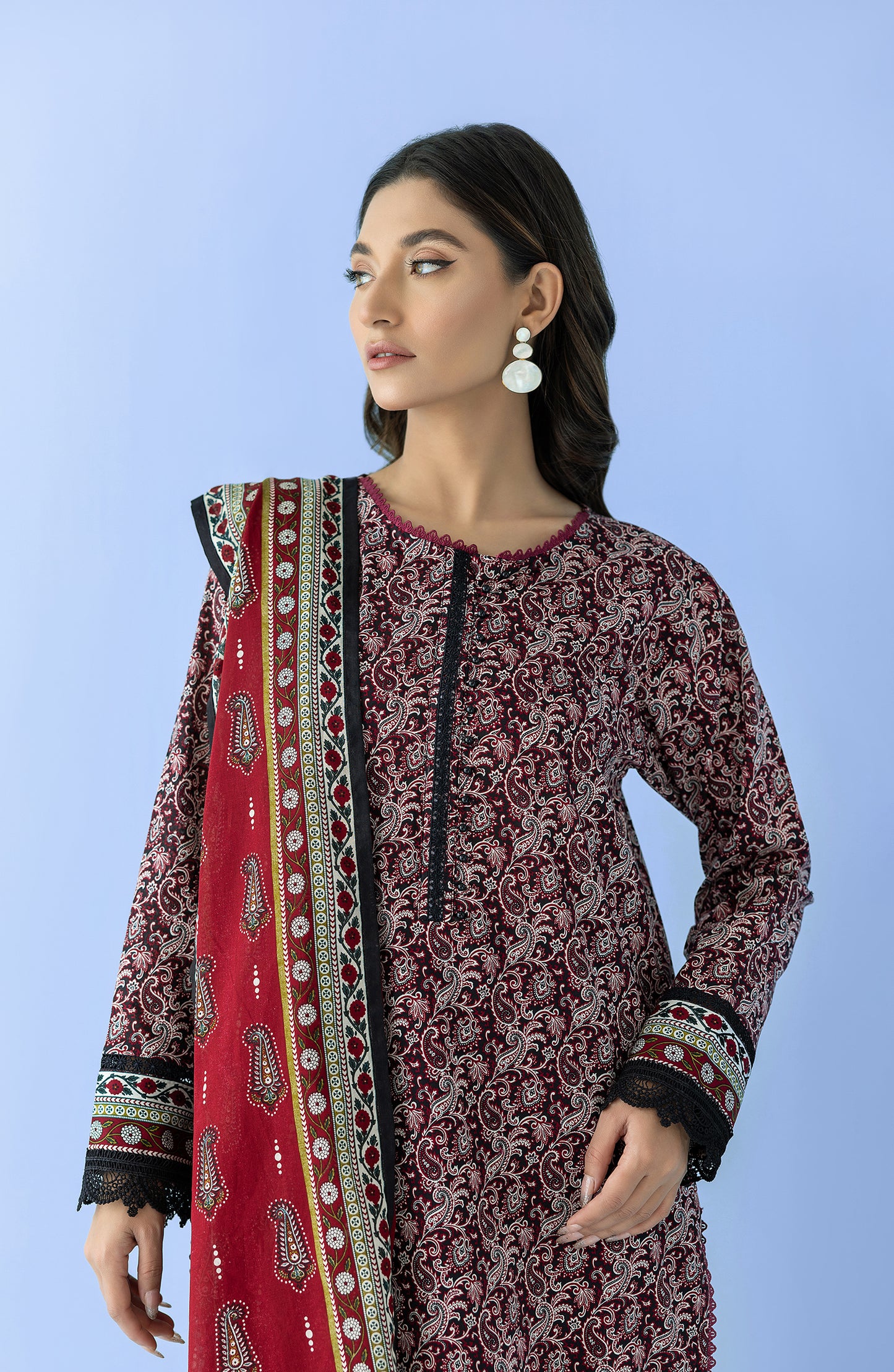 Stitched 3 Piece Printed Lawn Shirt , Cambric Pant and Lawn Dupatta (OTL-24-046/S BLACK)