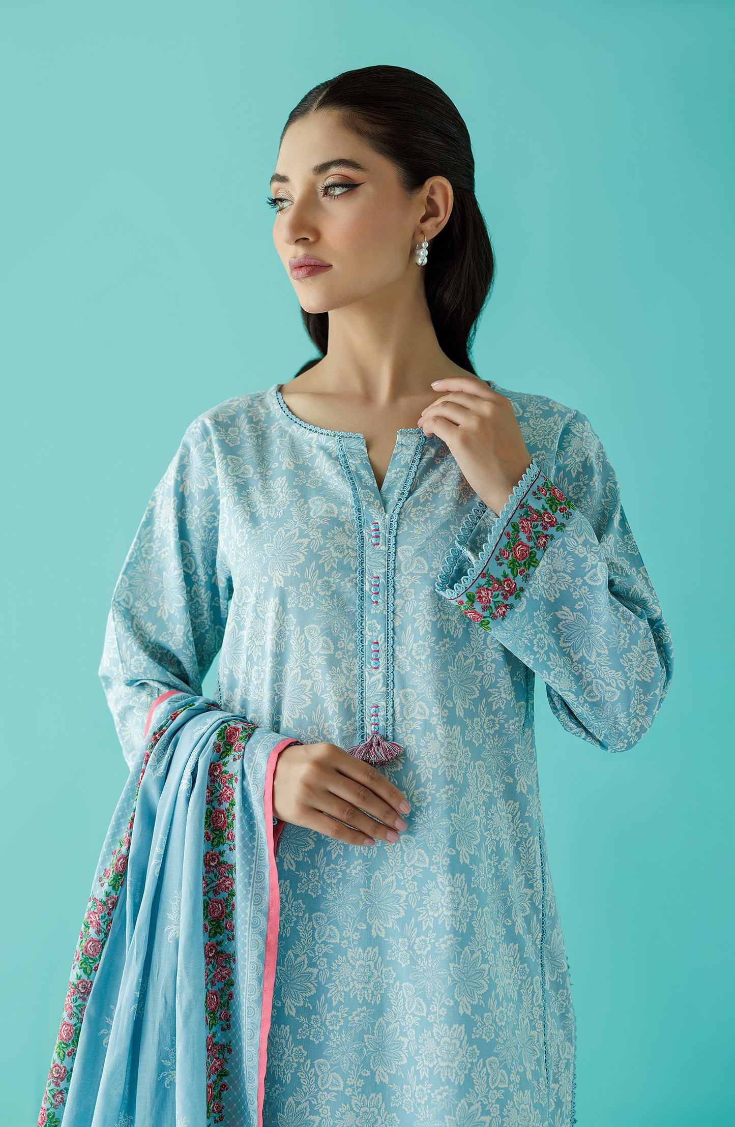 Unstitched 3 Piece Printed Lawn Shirt , Cambric Pant and Lawn Dupatta (OTL-24-182/U ICE BLUE)