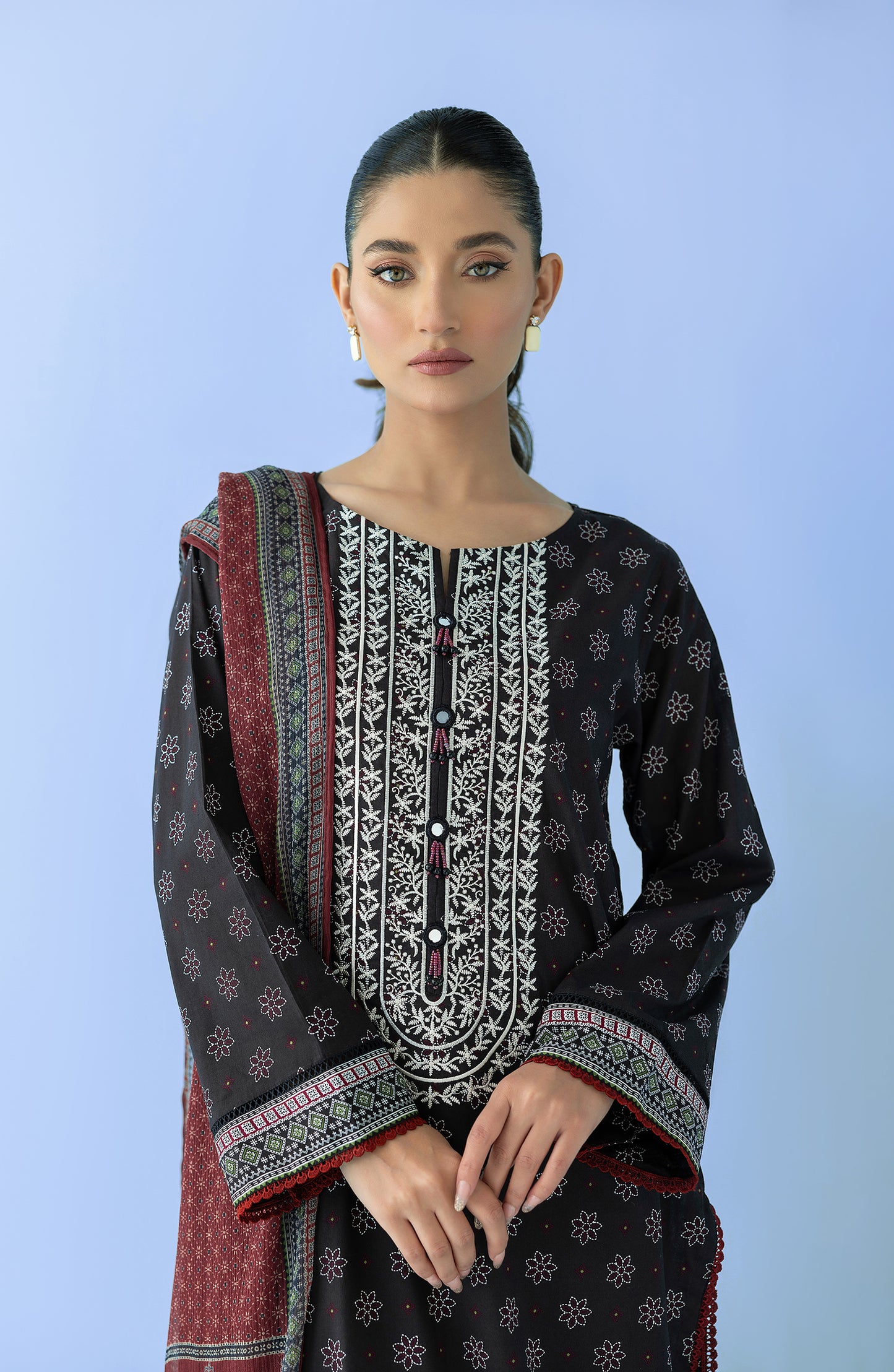 Stitched 3 Piece Printed Embroidered Lawn Shirt , Cambric Pant and Chiffon Dupatta (OTL-24-044/S BLACK)