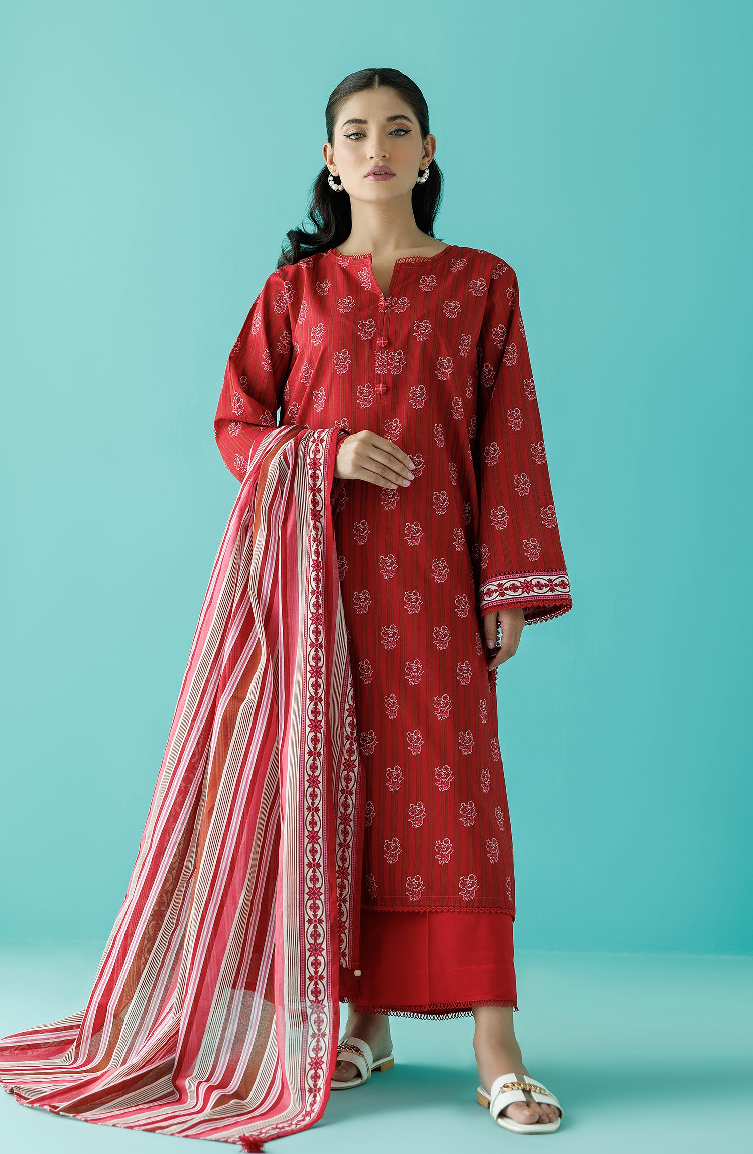 Unstitched 3 Piece Printed Lawn Shirt , Cambric Pant and Lawn Dupatta (OTL-24-223/U RED)