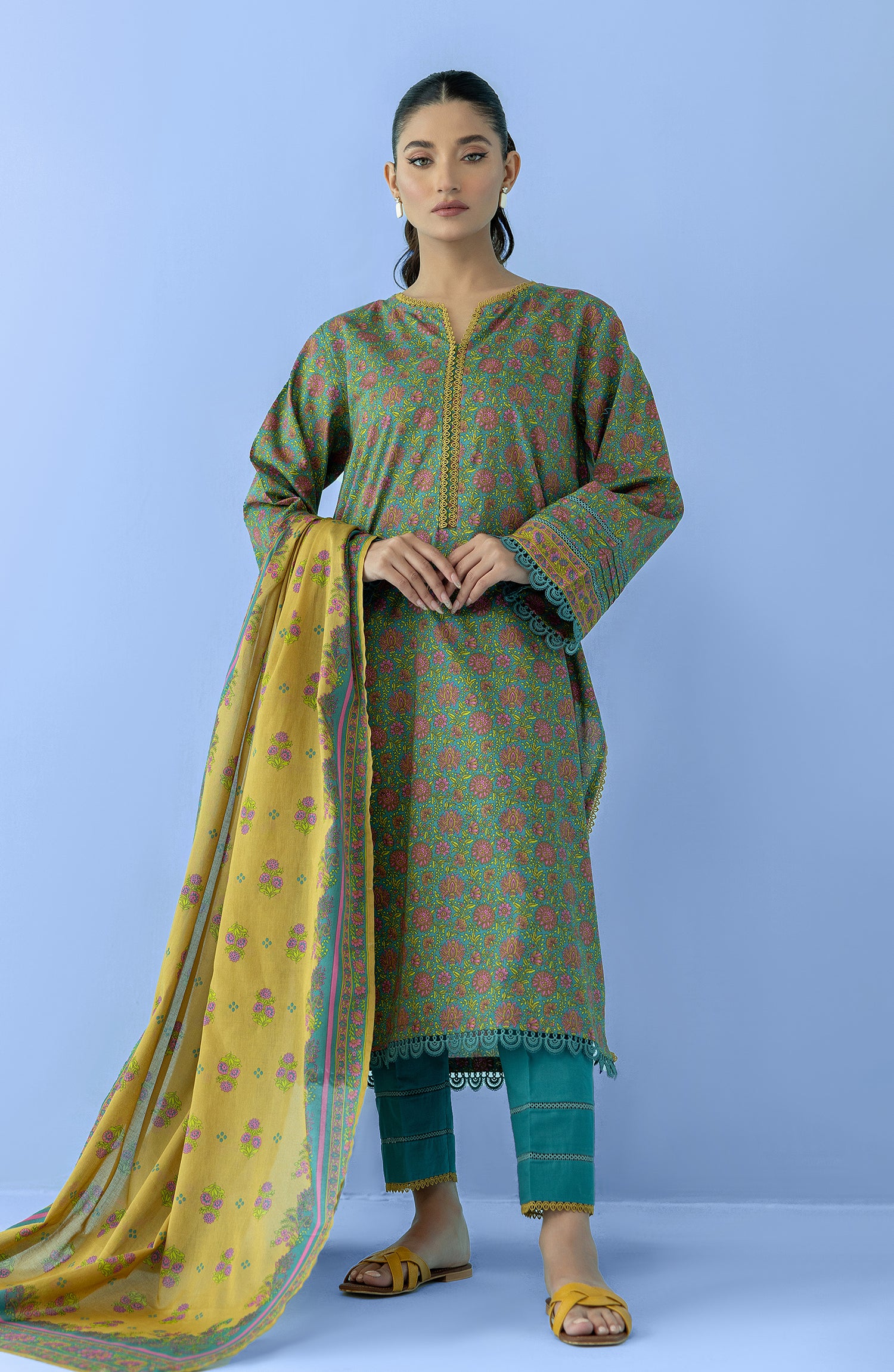 Stitched 3 Piece Printed Lawn Shirt , Cambric Pant and Lawn Dupatta (OTL-24-068/S TEAL)