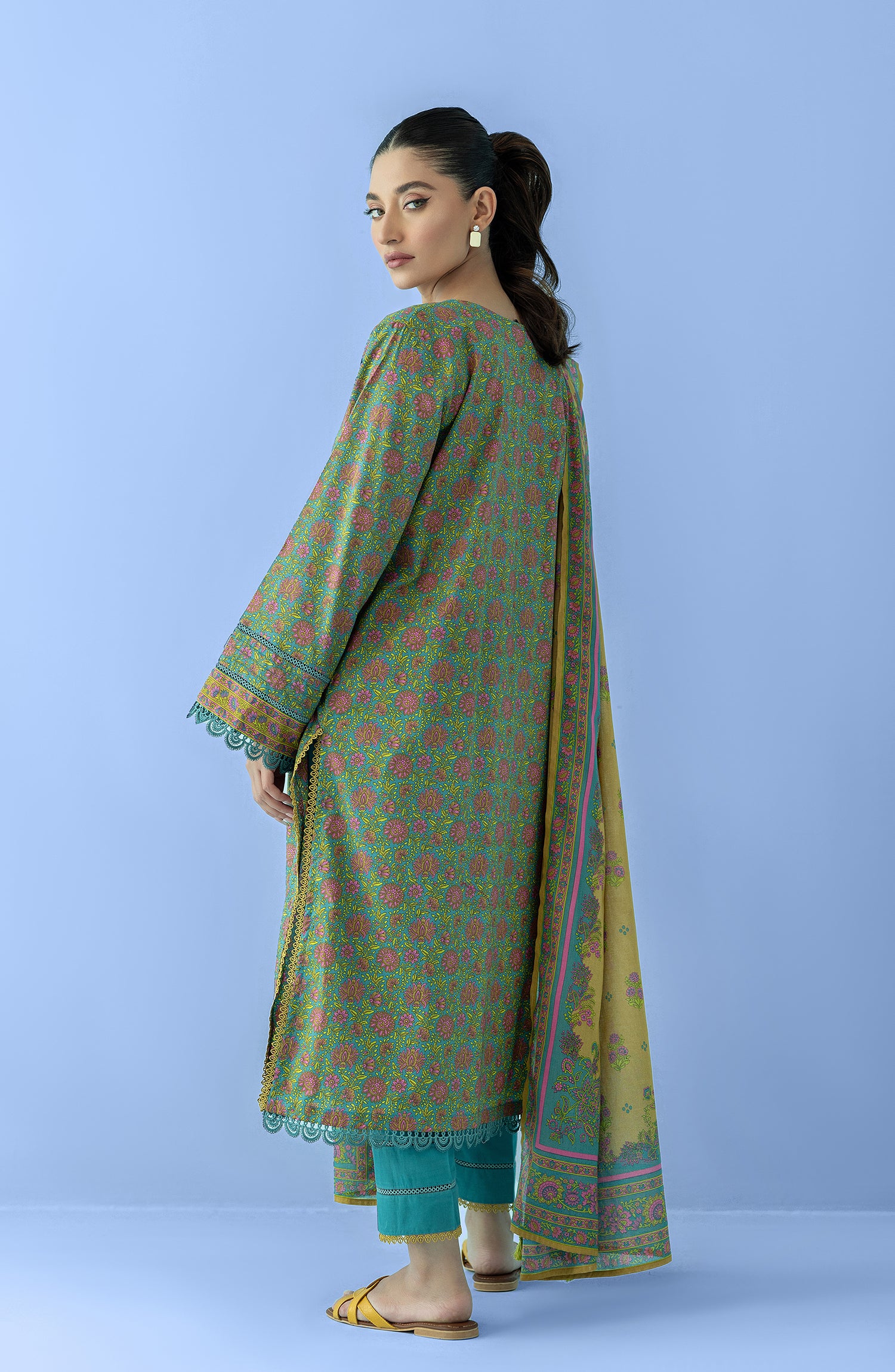Unstitched 3 Piece Printed Lawn Shirt , Cambric Pant and Lawn Dupatta (OTL-24-068/U TEAL)