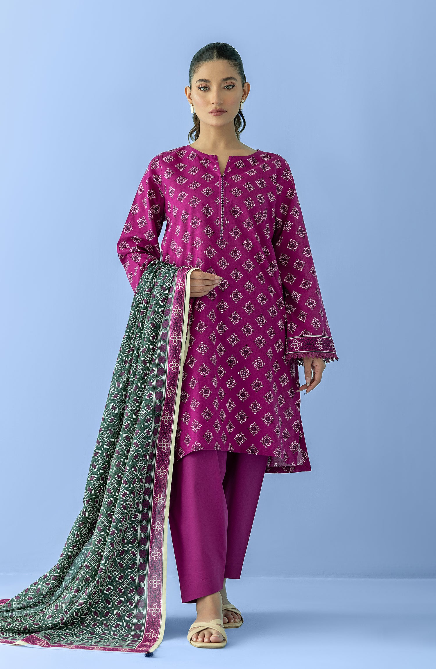 Stitched 3 Piece Printed Lawn Shirt , Cambric Pant and Lawn Dupatta (OTL-24-053/S PINK)