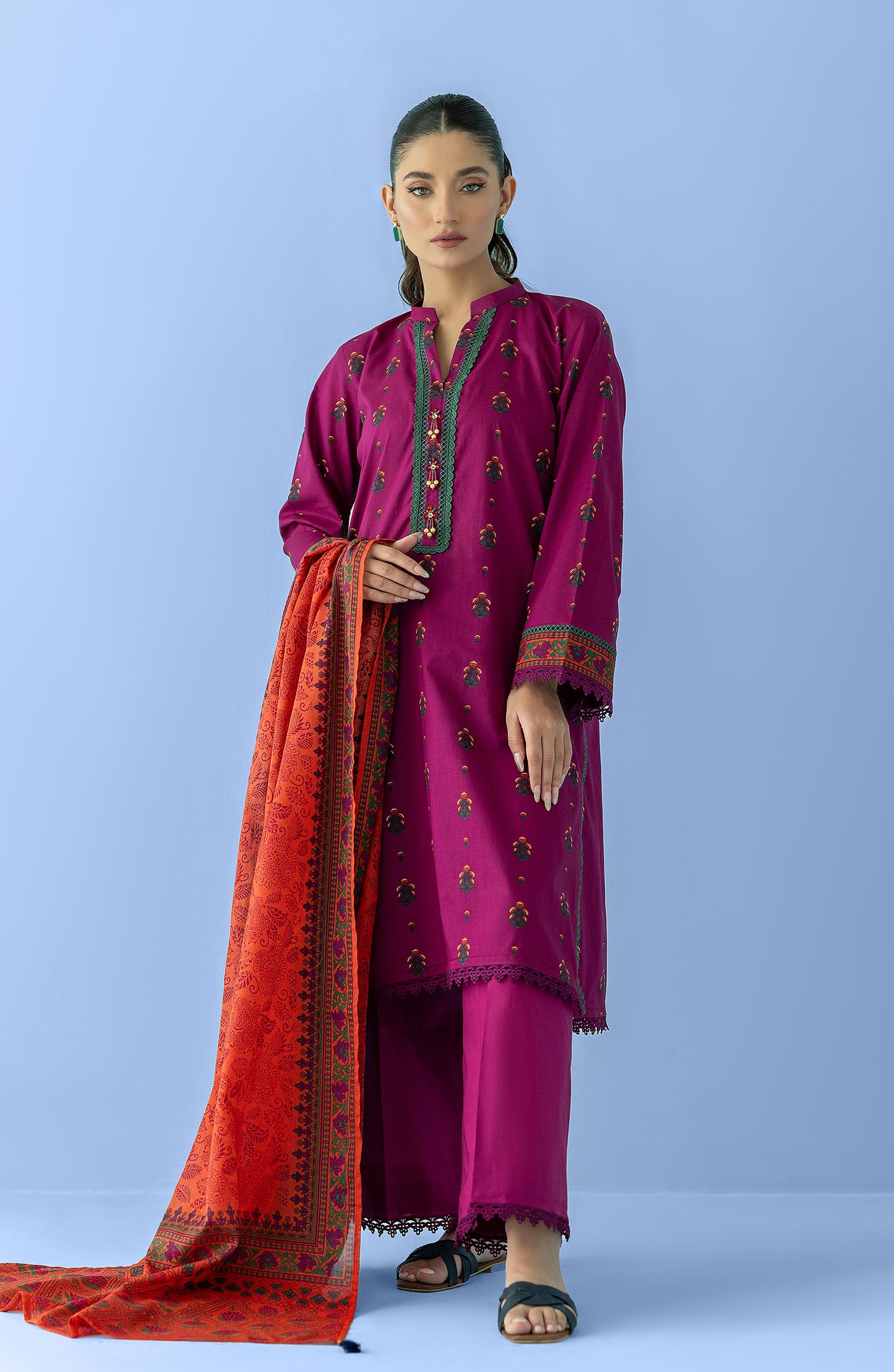 Unstitched 3 Piece Printed Lawn Shirt , Cambric Pant and Lawn Dupatta (OTL-24-067/U PINK)
