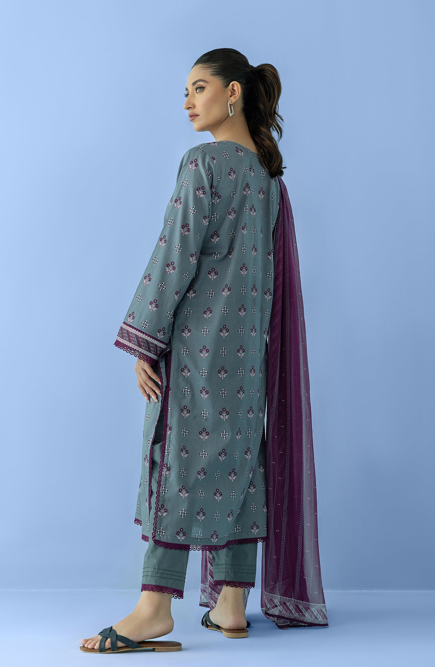 Stitched 3 Piece Printed Embroidered Lawn Shirt , Cambric Pant and Chiffon Dupatta (OTL-24-226/S GREY)