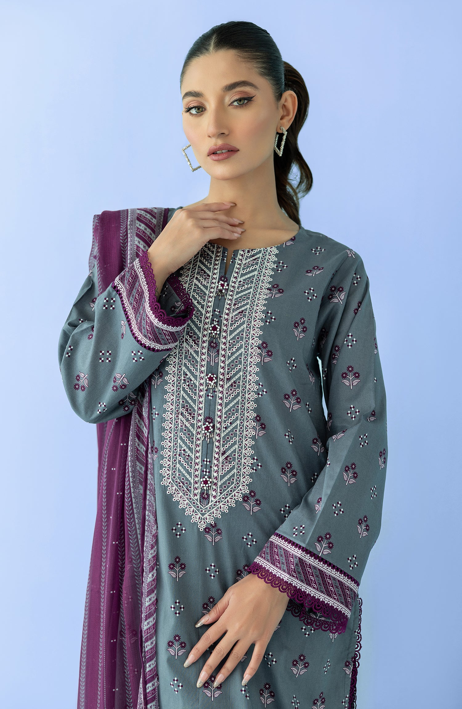 Stitched 3 Piece Printed Embroidered Lawn Shirt , Cambric Pant and Chiffon Dupatta (OTL-24-226/S GREY)