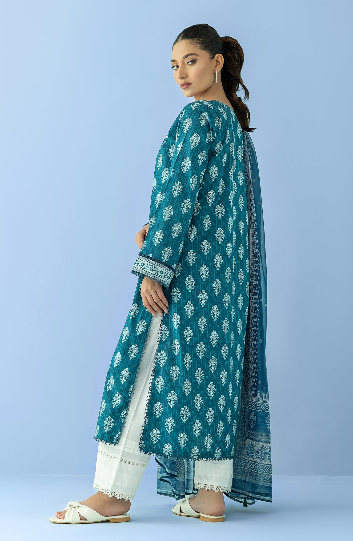 Stitched 2 Piece Printed Embroidered Lawn Shirt and Chiffon Dupatta (NRDS-24-010/S BLUE)