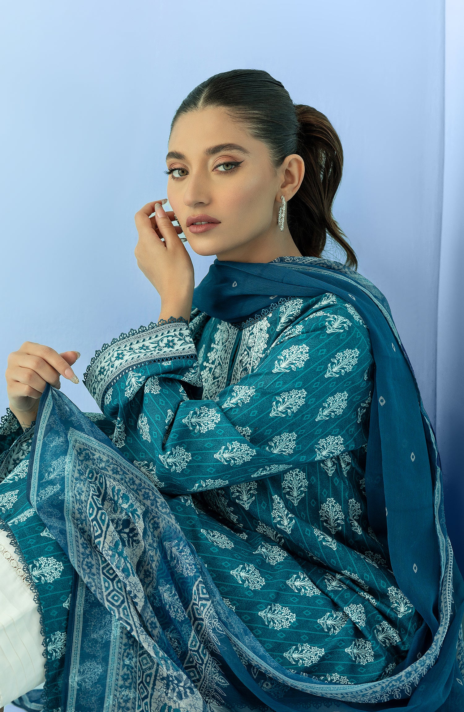 Stitched 2 Piece Printed Embroidered Lawn Shirt and Chiffon Dupatta (NRDS-24-010/S BLUE)