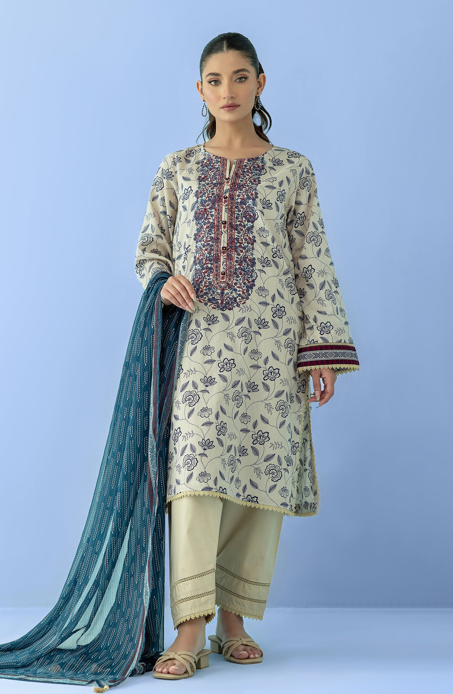 Stitched 3 Piece Printed Embroidered Lawn Shirt , Cambric Pant and Chiffon Dupatta (OTL-24-227/S BEIGE)