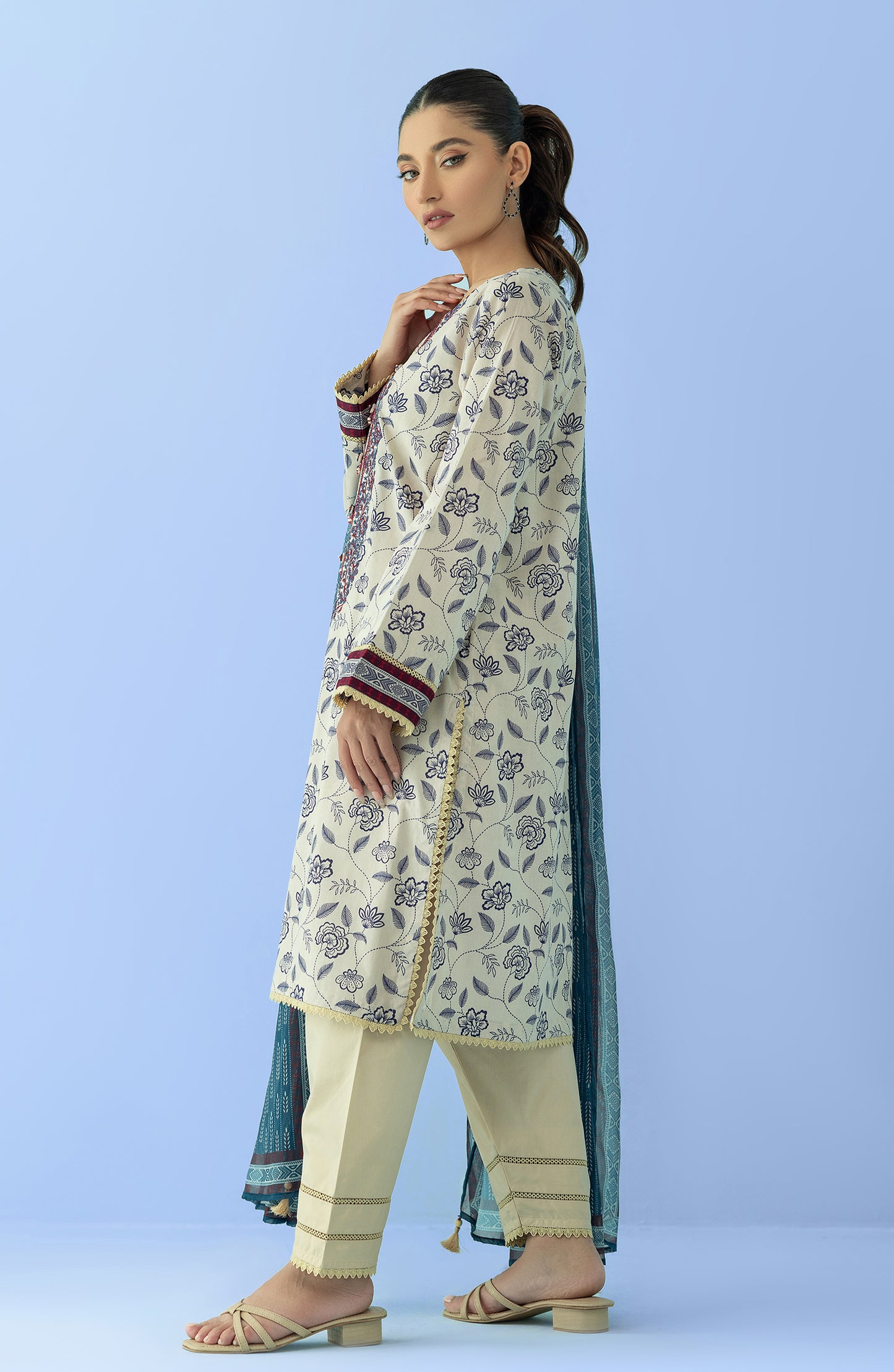 Stitched 3 Piece Printed Embroidered Lawn Shirt , Cambric Pant and Chiffon Dupatta (OTL-24-227/S BEIGE)