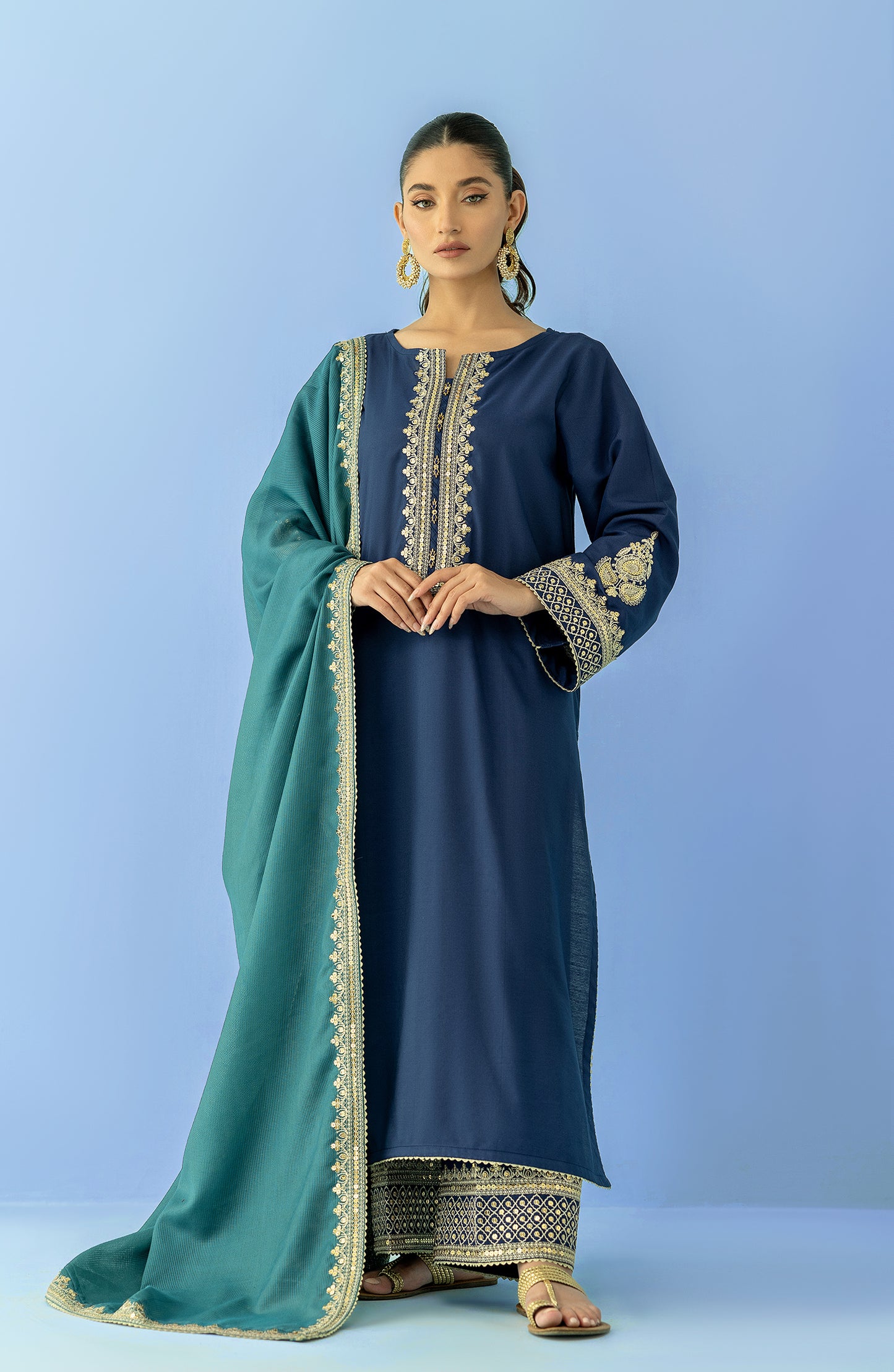 Unstitched 3 Piece Embroidered Raw Silk Shirt , Raw Silk Pant and Dobby Net Dupatta (OTLF-23-058 BLUE)