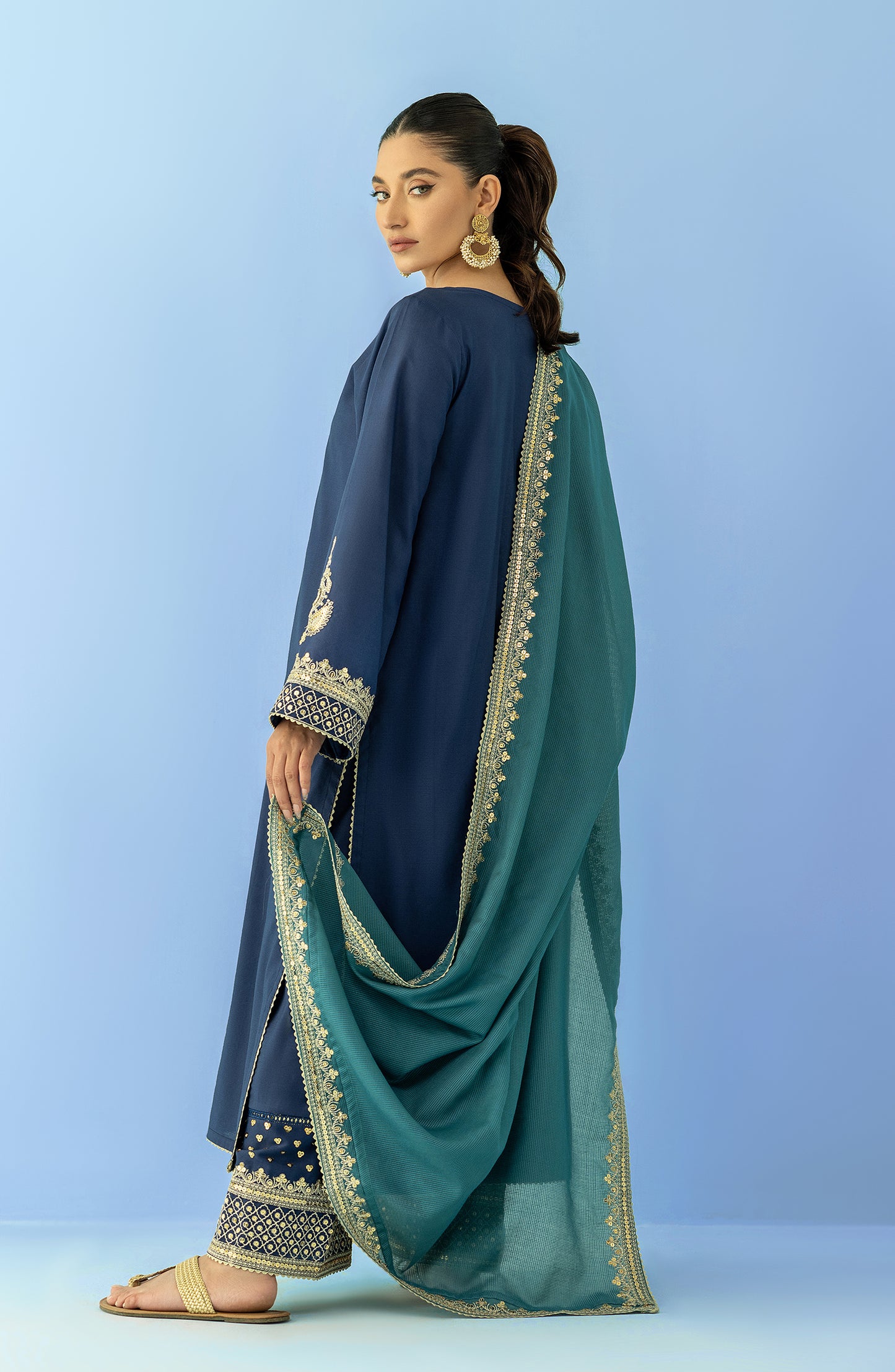 Unstitched 3 Piece Embroidered Raw Silk Shirt , Raw Silk Pant and Dobby Net Dupatta (OTLF-23-058 BLUE)