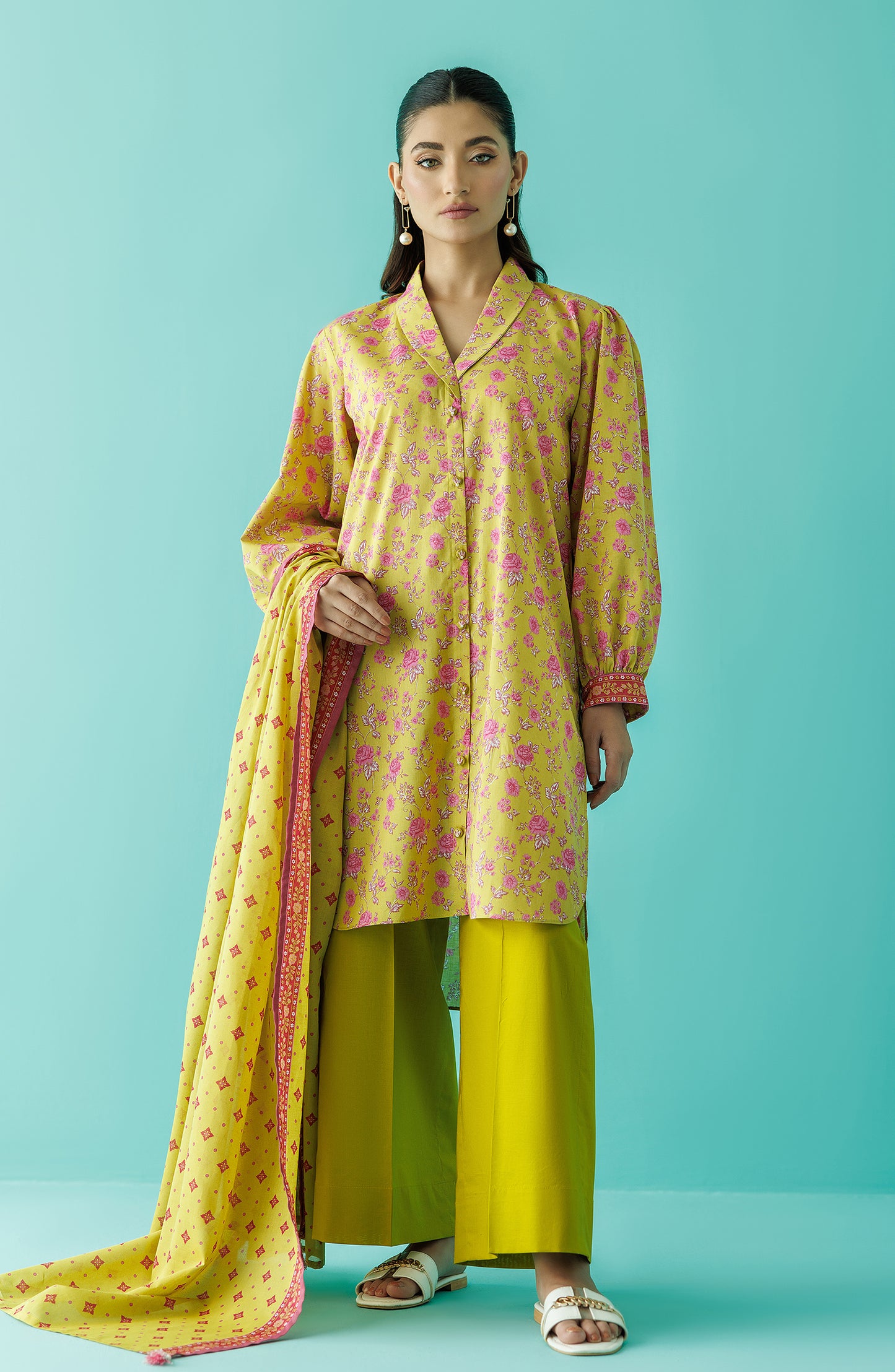 Stitched 3 Piece Printed Lawn Shirt , Cambric Pant and Lawn Dupatta (OTL-24-230/S LIME GREEN)