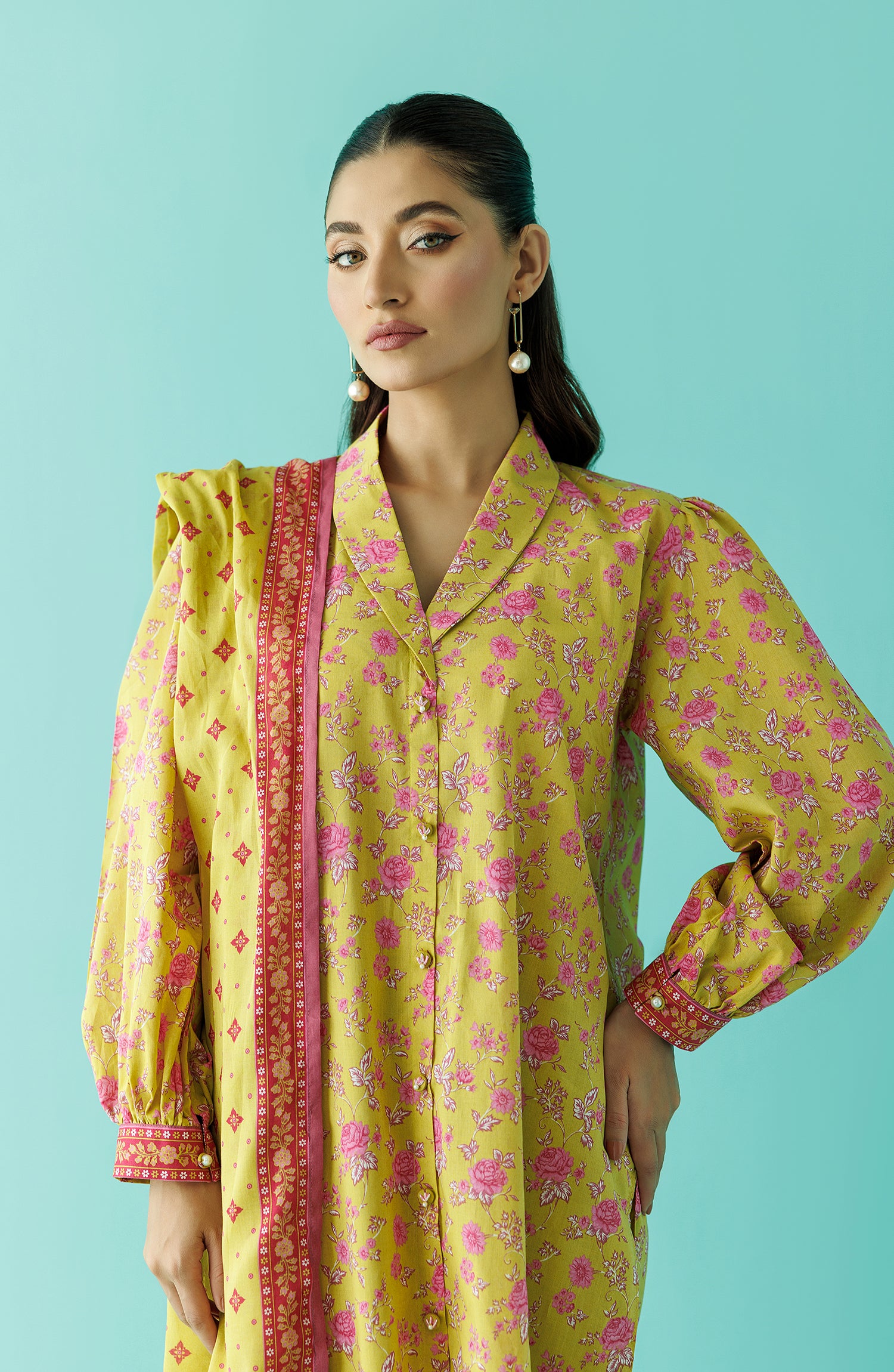 Unstitched 3 Piece Printed Lawn Shirt , Cambric Pant and Lawn Dupatta (OTL-24-230/U LIME GREEN)