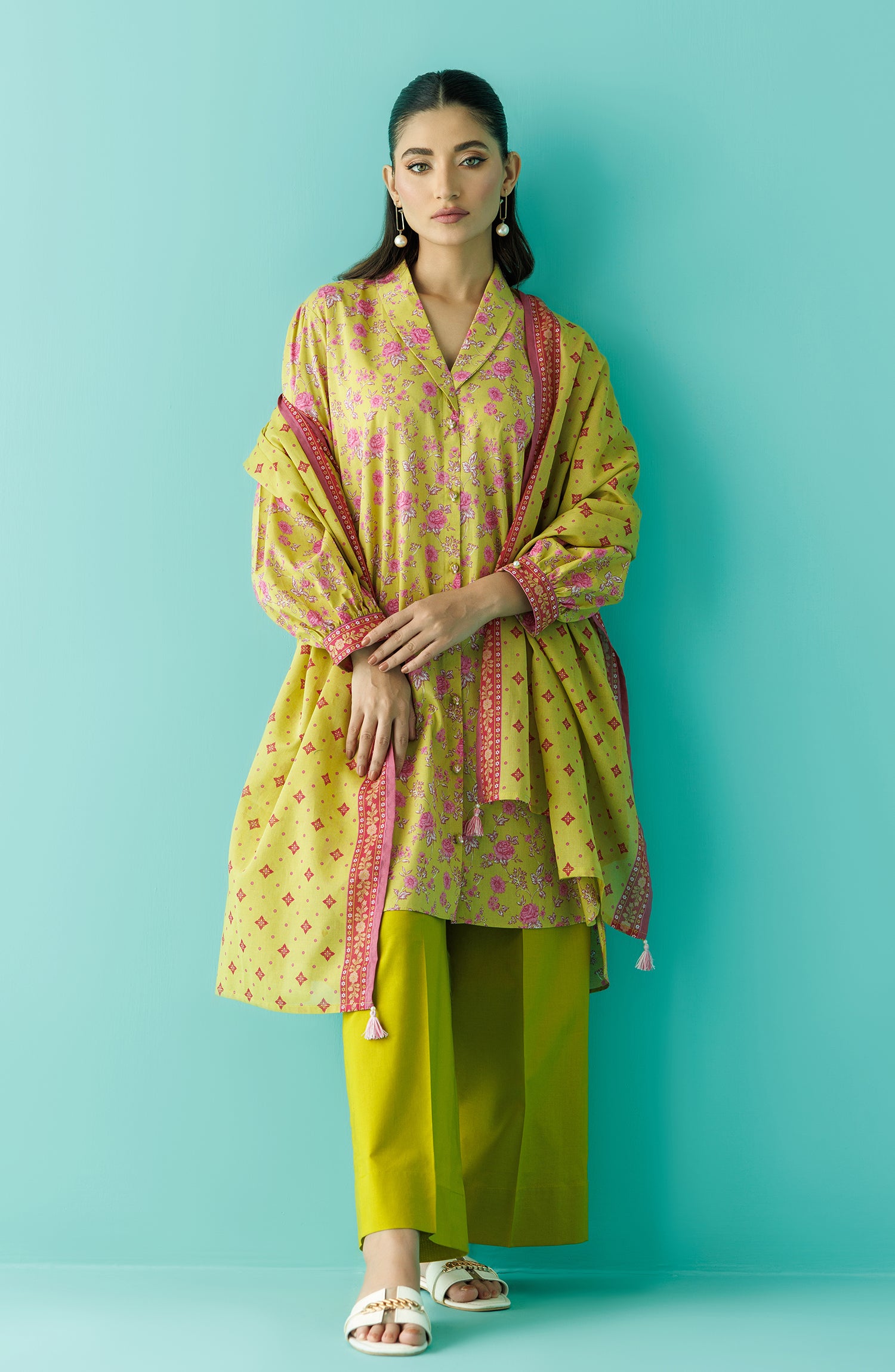 Stitched 3 Piece Printed Lawn Shirt , Cambric Pant and Lawn Dupatta (OTL-24-230/S LIME GREEN)