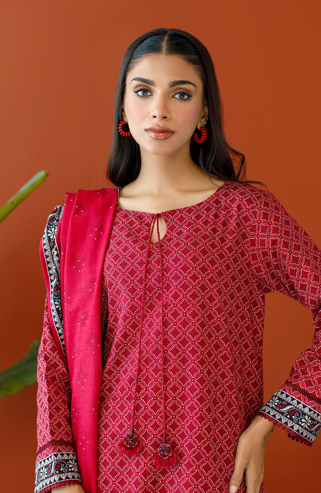 Stitched 3 Piece Printed Khaddar Shirt , Khaddar Pant and Khaddar Dupatta