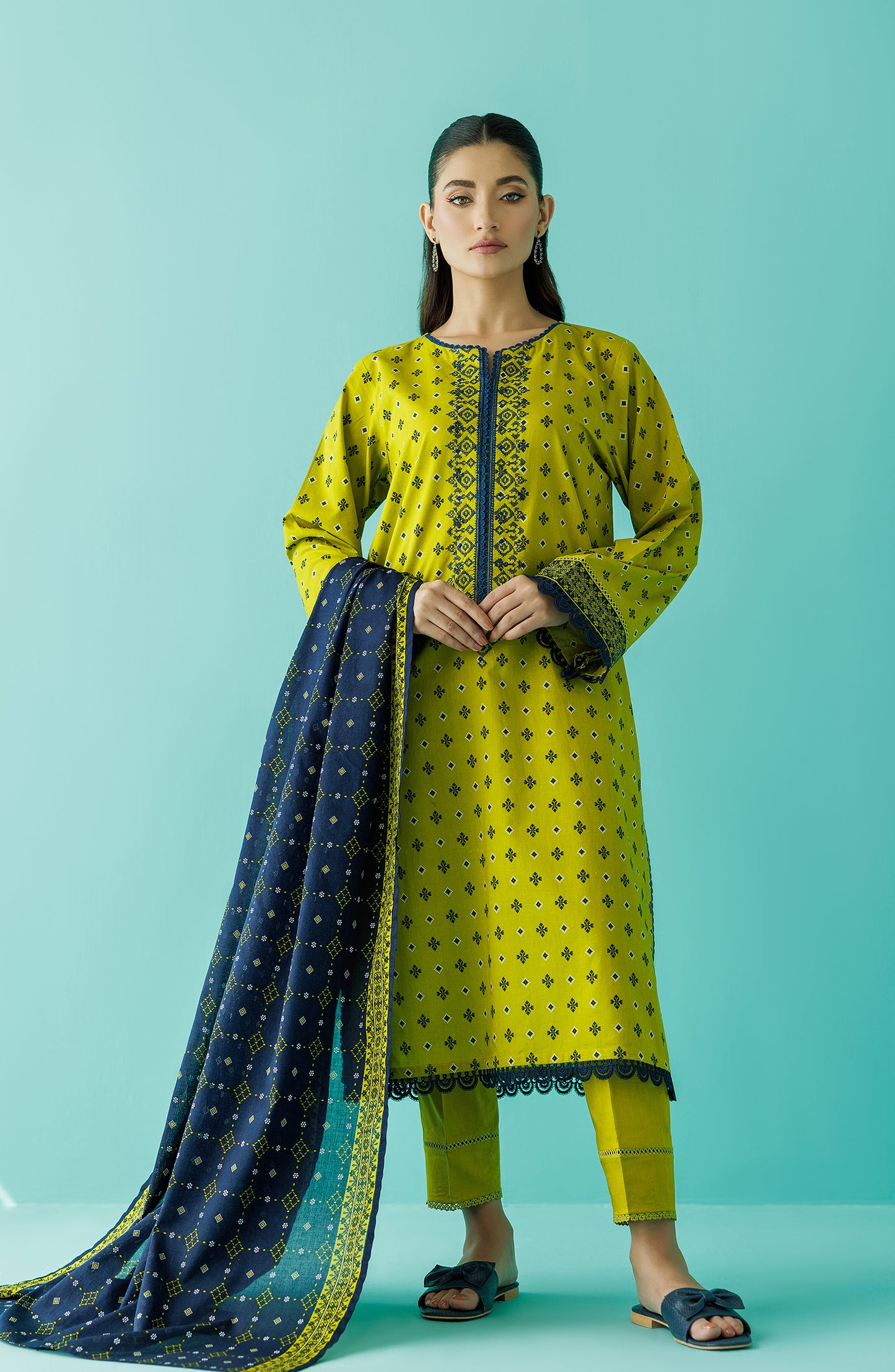 Unstitched 3 Piece Embroidered Lawn Shirt , Cambric Pant and Lawn Dupatta (OTL-24-008/U GREEN)