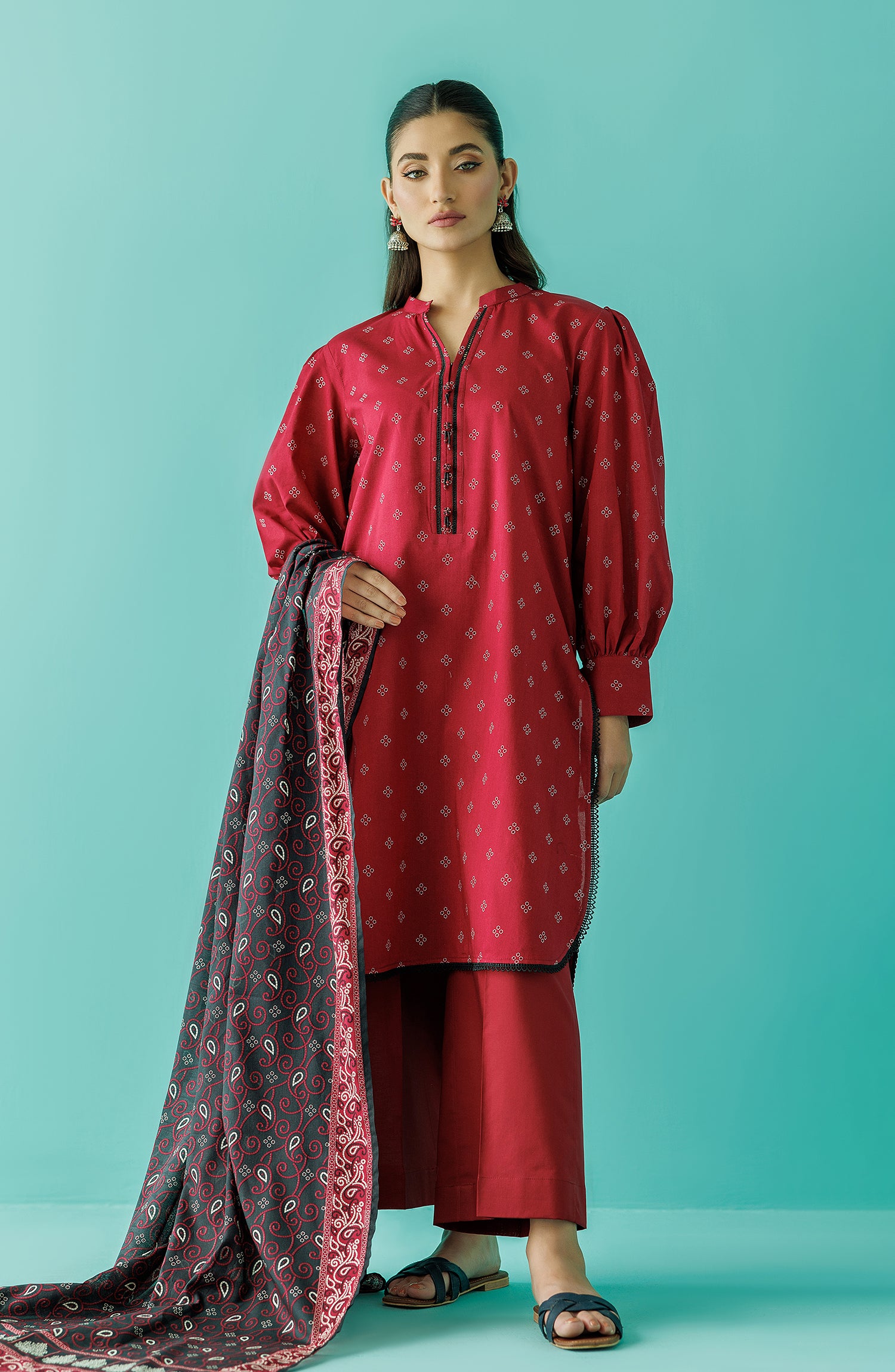 Unstitched 3 Piece Printed Lawn Shirt , Cambric Pant and Lawn Dupatta (OTL-24-054/U RED)