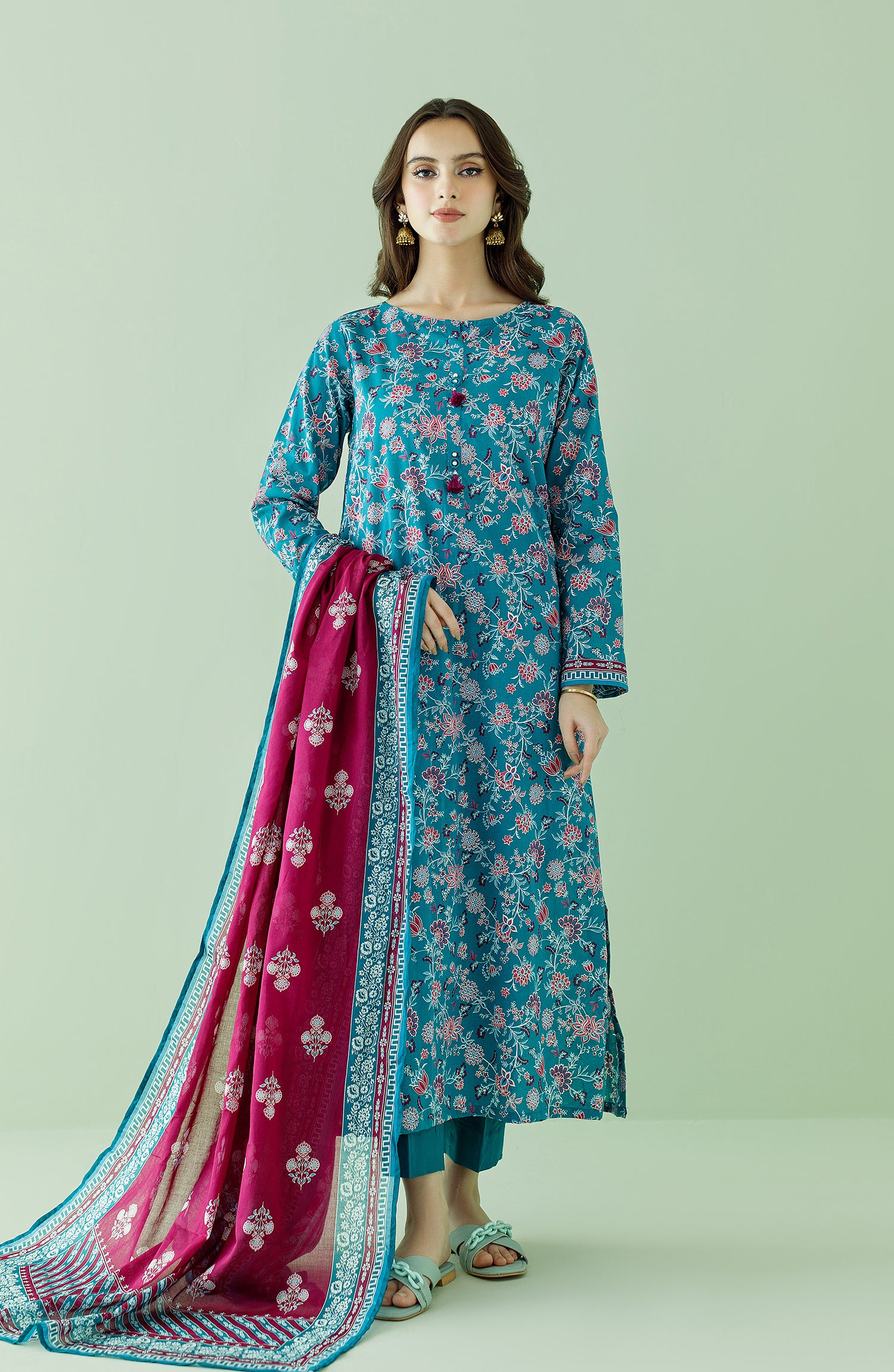 Unstitched 3 Piece Printed Lawn Shirt , Cambric Pant and Lawn Dupatta (OTL-23-358/U (RO) TEAL)