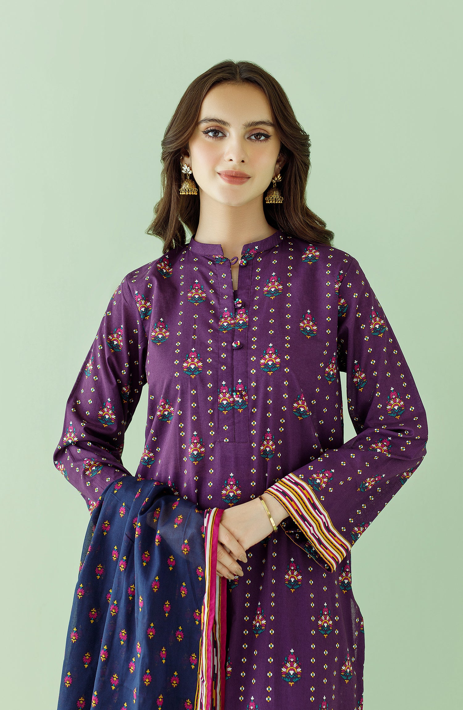Stitched 3 Piece Printed Lawn Shirt , Cambric Pant and Lawn Dupatta (OTL-23-355/S PURPLE)