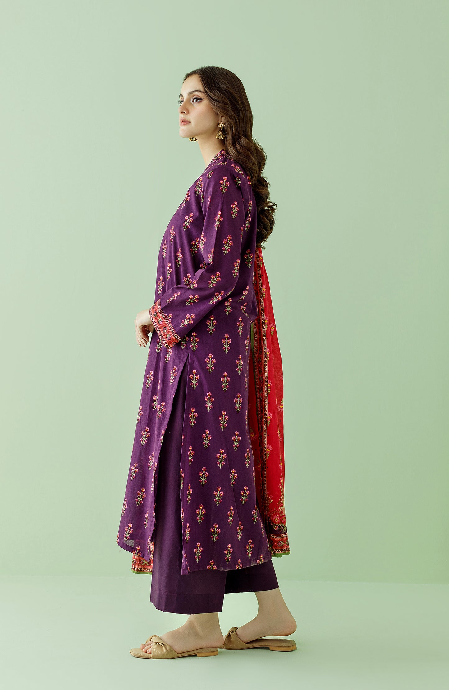 Stitched 3 Piece Printed Lawn Shirt , Cambric Pant and Lawn Dupatta (OTL-23-347/S PURPLE)