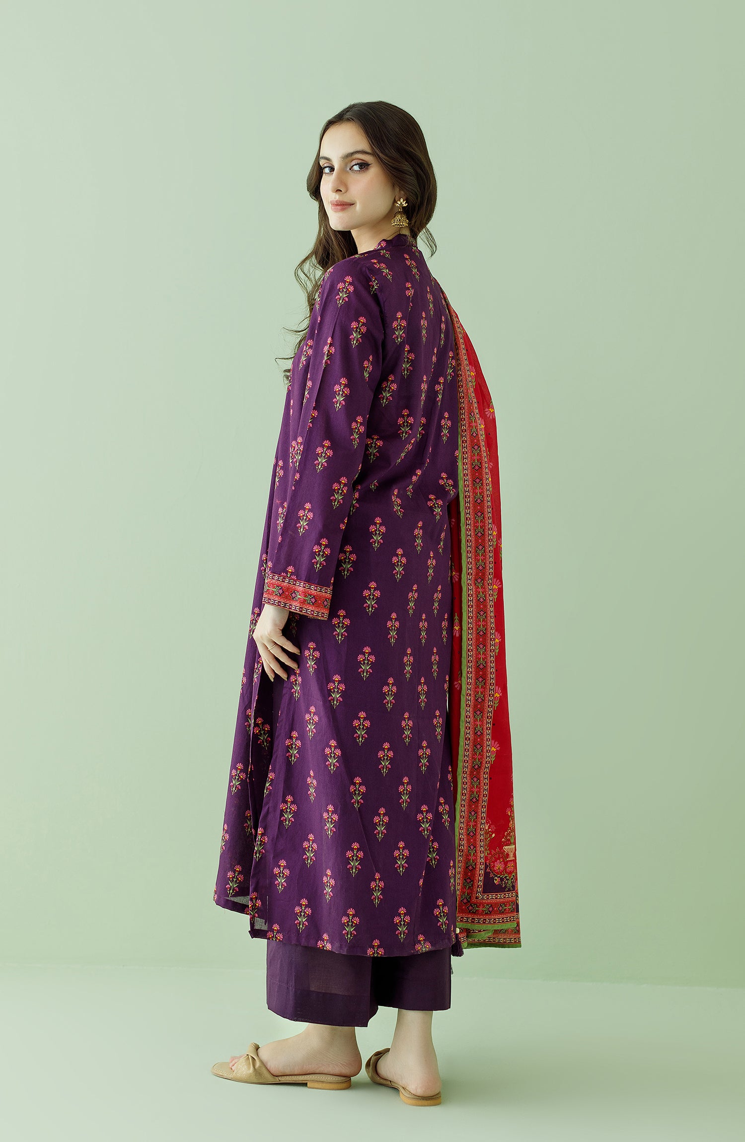 Stitched 3 Piece Printed Lawn Shirt , Cambric Pant and Lawn Dupatta (OTL-23-347/S PURPLE)