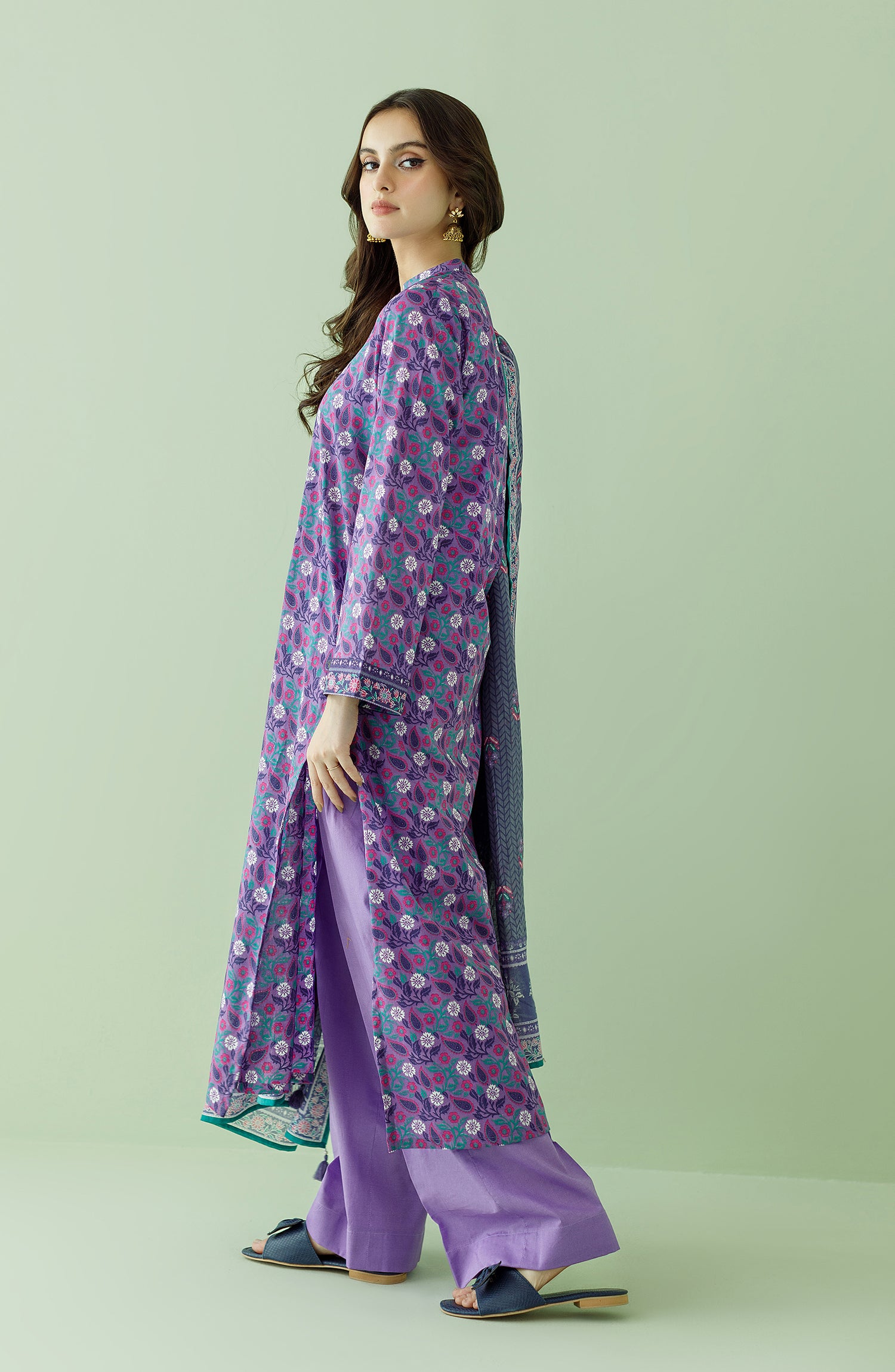 Stitched 3 Piece Printed Lawn Shirt , Cambric Pant and Lawn Dupatta (OTL-23-354/S LILAC)