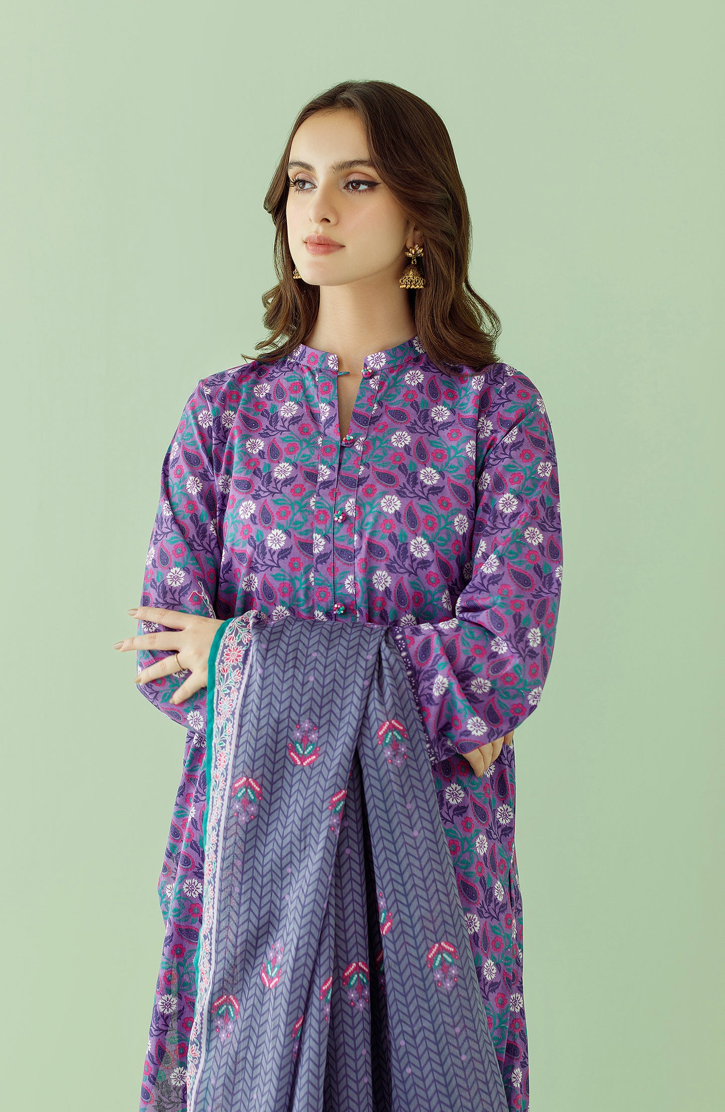 Stitched 3 Piece Printed Lawn Shirt , Cambric Pant and Lawn Dupatta (OTL-23-354/S LILAC)