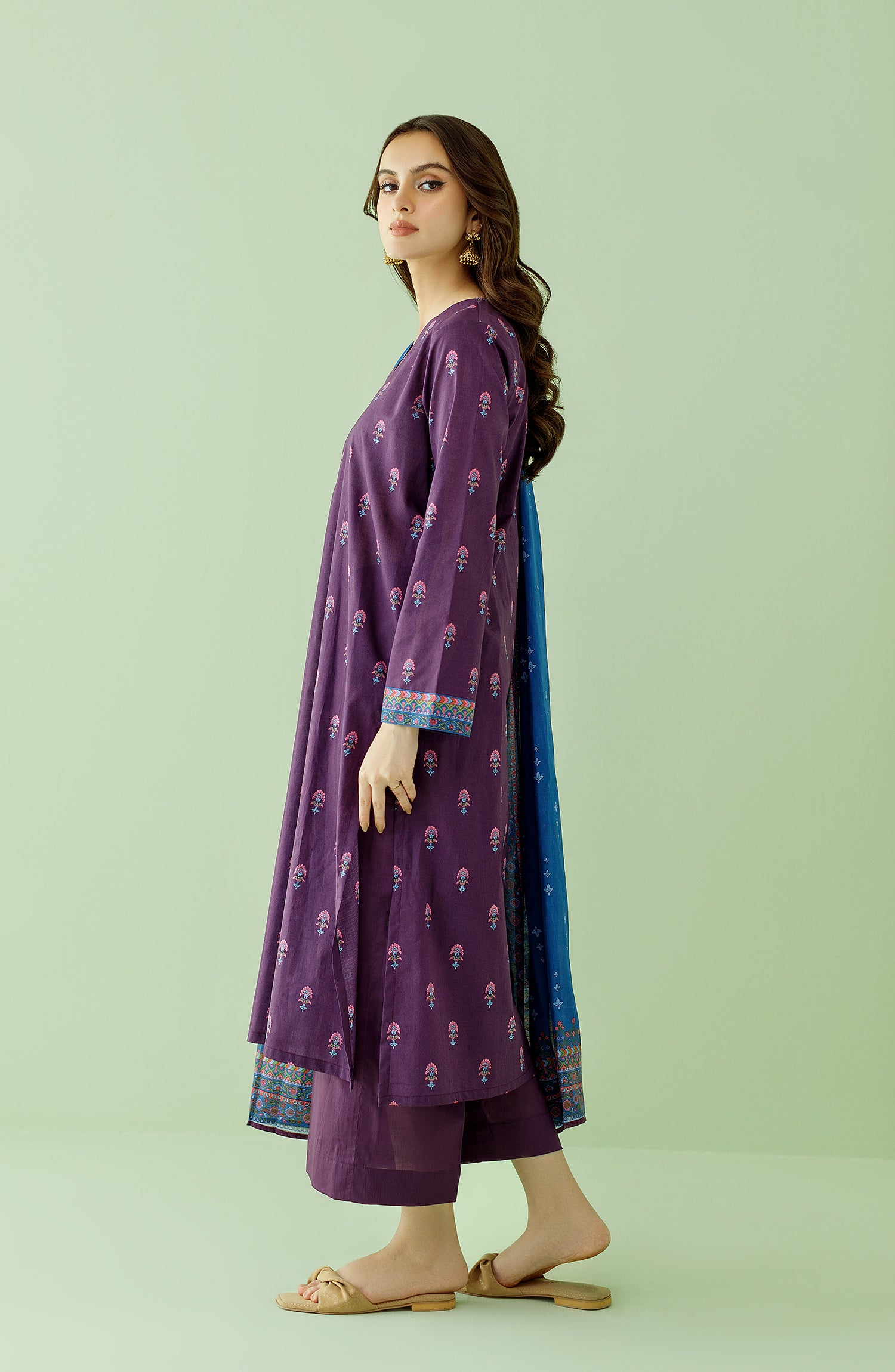 Stitched 3 Piece Printed Lawn Shirt , Cambric Pant and Lawn Dupatta (OTL-23-351/S PURPLE)