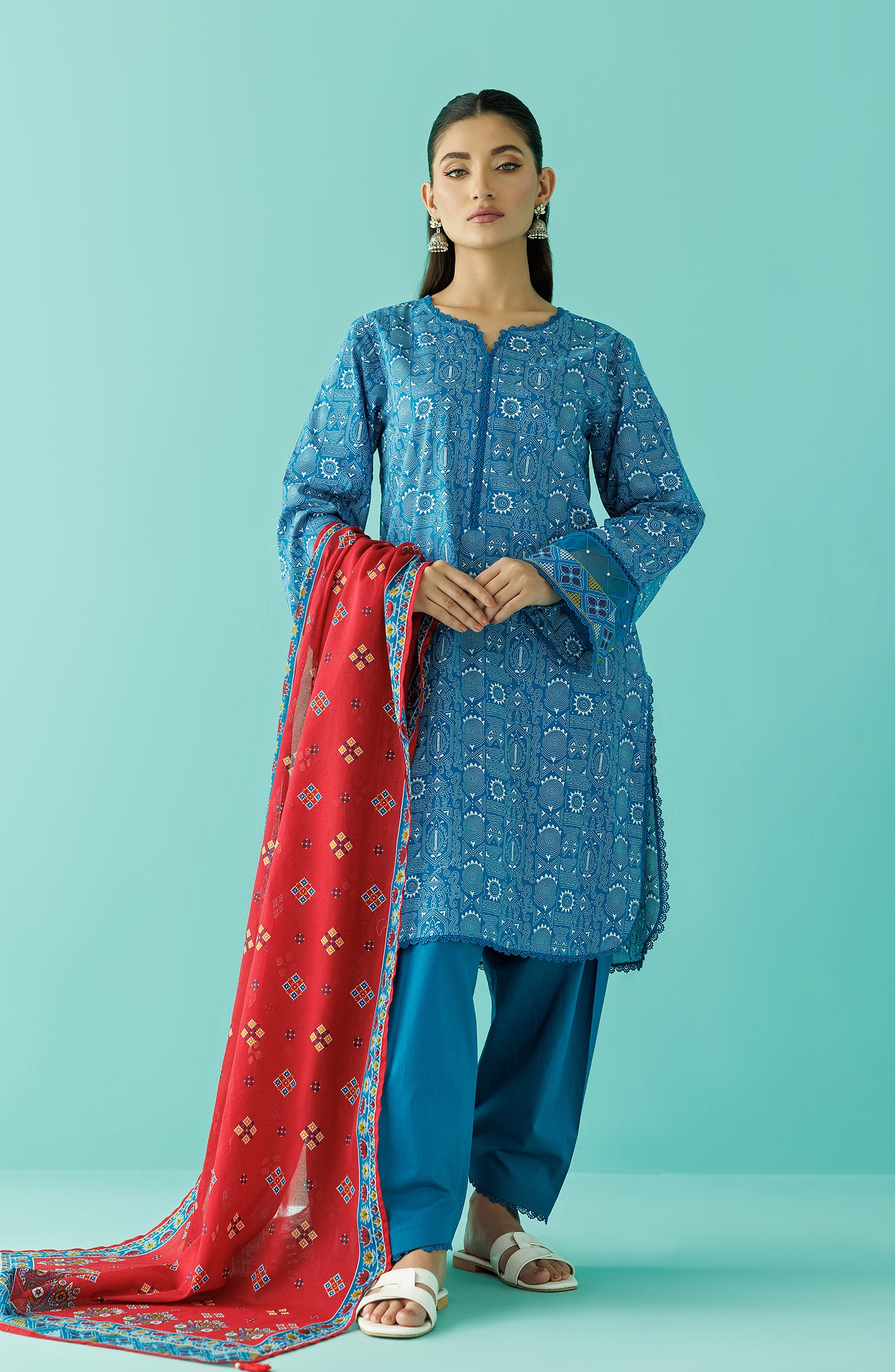 Unstitched 3 Piece Printed Lawn Shirt , Cambric Pant and Lawn Dupatta (OTL-24-084/U BLUE)