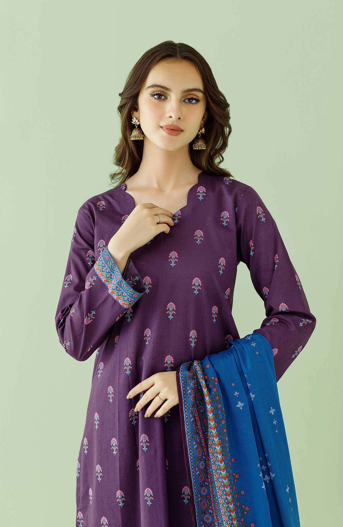 Stitched 3 Piece Printed Lawn Shirt , Cambric Pant and Lawn Dupatta (OTL-23-351/S PURPLE)