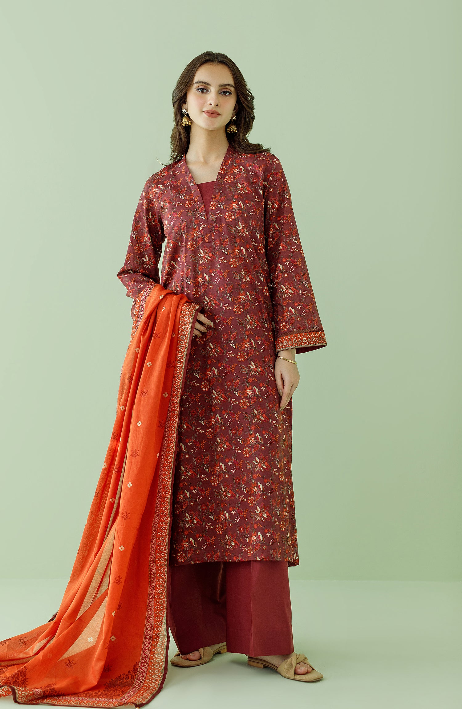 Stitched 3 Piece Printed Lawn Shirt , Cambric Pant and Lawn Dupatta (OTL-23-357/S MAROON)