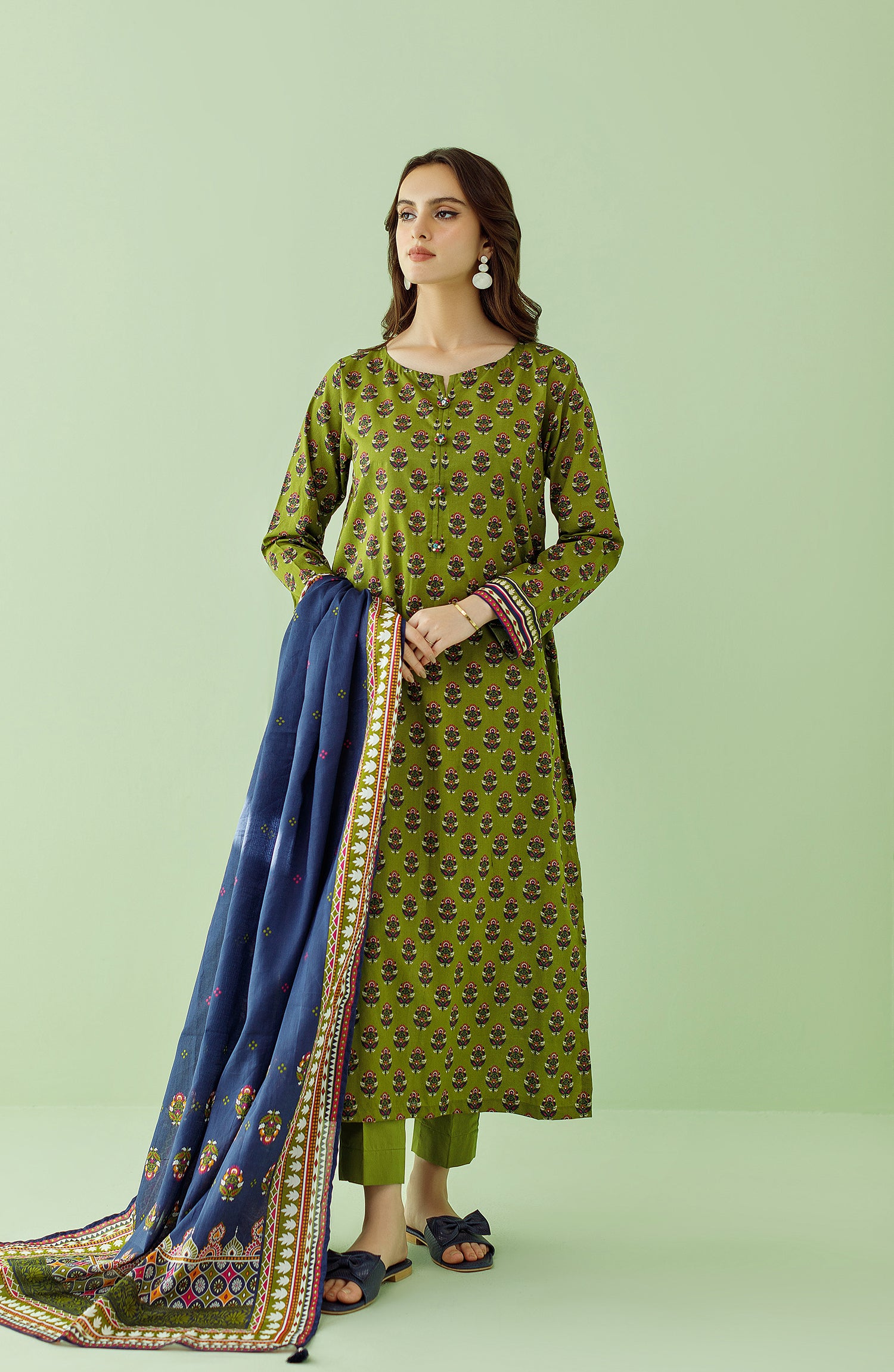 Stitched 3 Piece Printed Lawn Shirt , Cambric Pant and Lawn Dupatta (OTL-23-344/S GREEN)