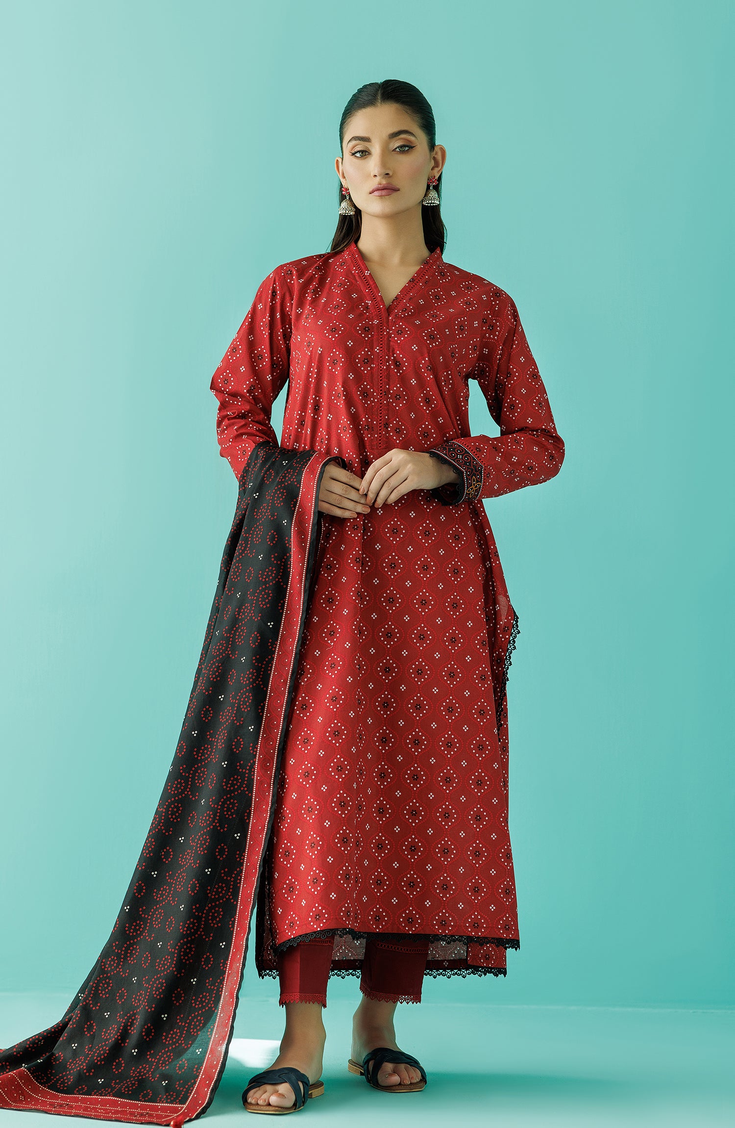 Unstitched 3 Piece Printed Lawn Shirt , Cambric Pant and Lawn Dupatta (OTL-24-058/U RED)