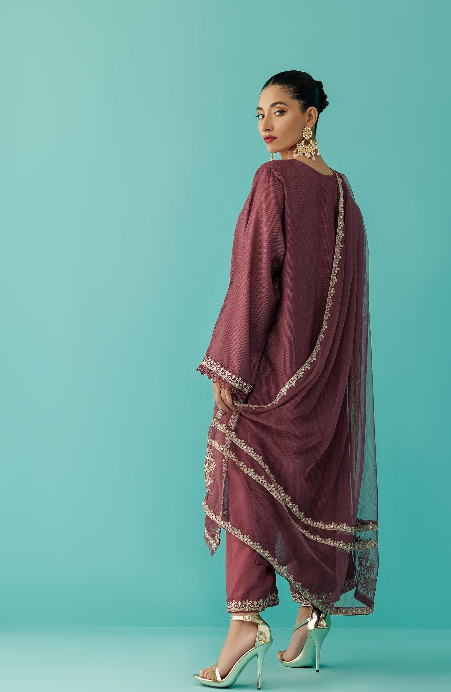 Stitched 3 Piece Embroidered Cotton Net Shirt , Raw Silk Pant and Poly Net Dupatta (OTLF-23-075/S MAROON)