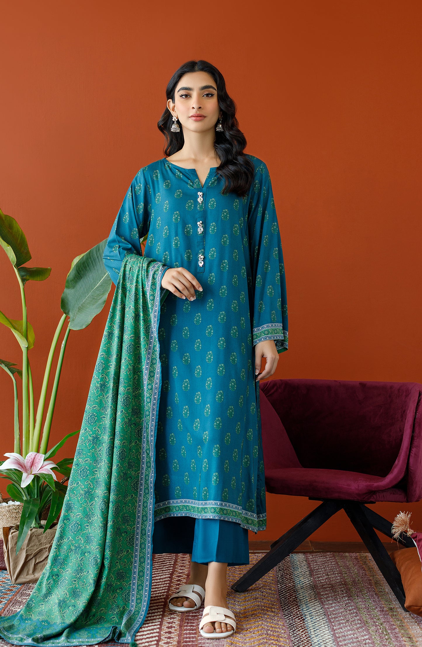 OTL-23-248/U GREEN LINEN Women UNSTITCHED SHIRT DUPATTA PANTS