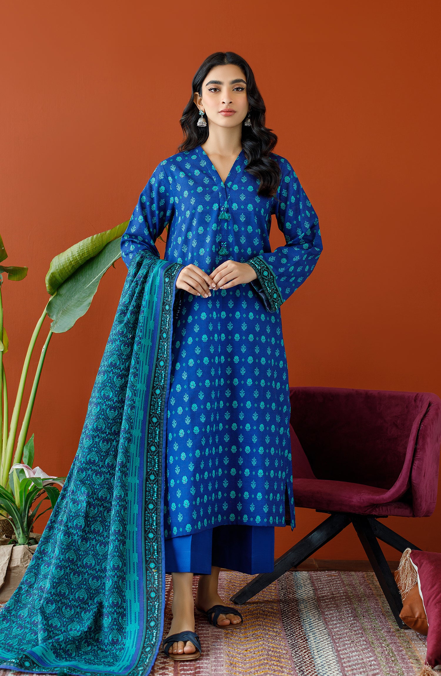 OTL-23-324/U BLUE KHADDAR Women UNSTITCHED SHIRT DUPATTA PANTS