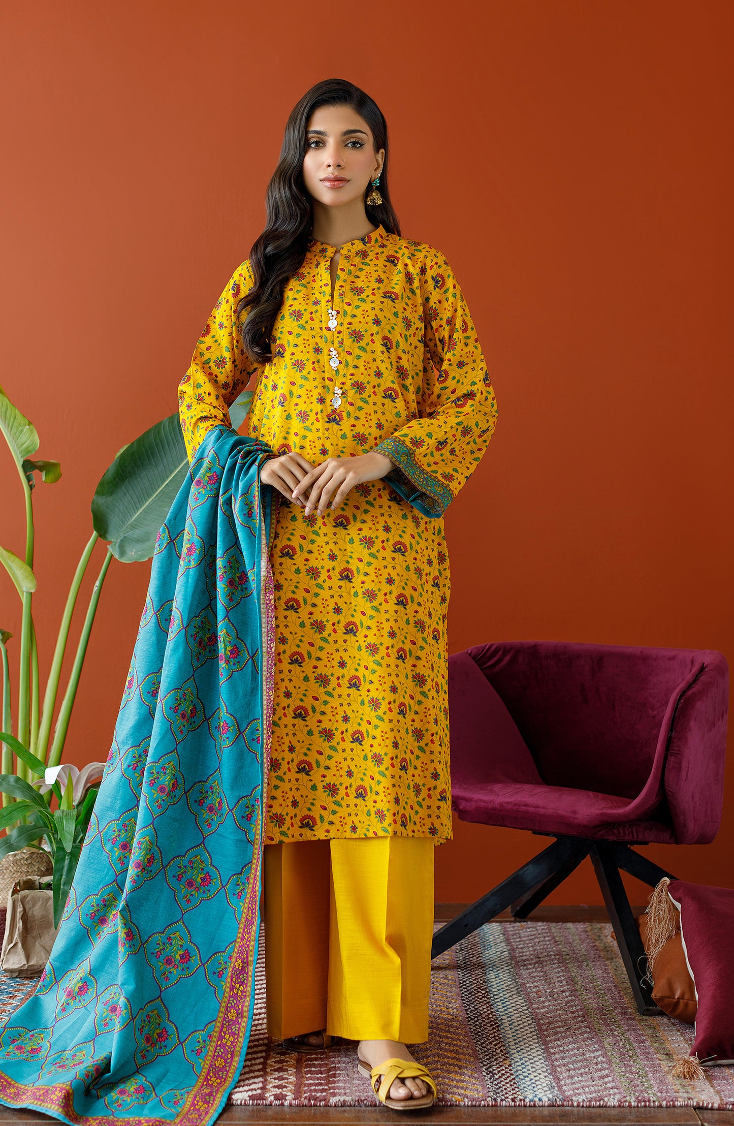 OTL-23-336/U YELLOW KHADDAR Women UNSTITCHED SHIRT DUPATTA PANTS