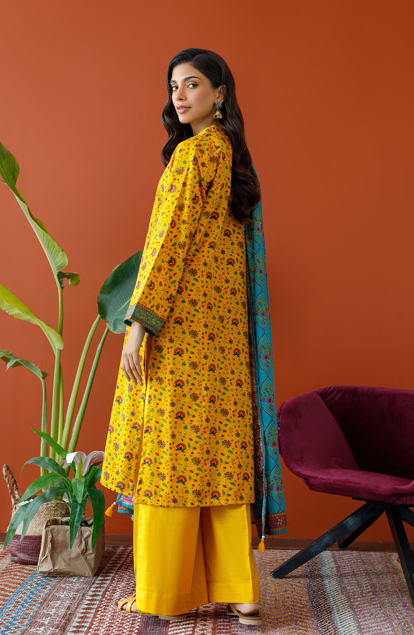 OTL-23-336/U YELLOW KHADDAR Women UNSTITCHED SHIRT DUPATTA PANTS