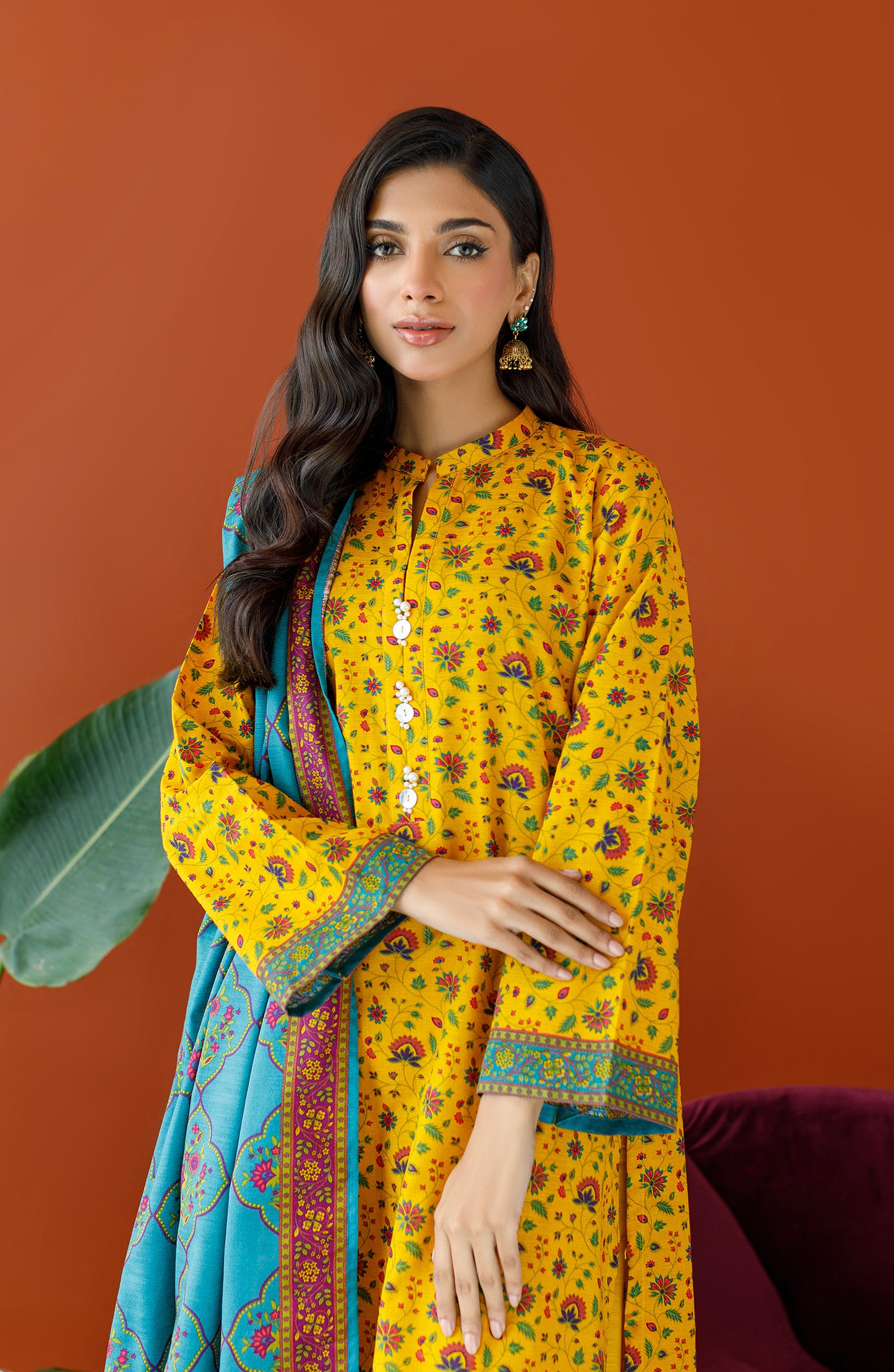 OTL-23-336/U YELLOW KHADDAR Women UNSTITCHED SHIRT DUPATTA PANTS