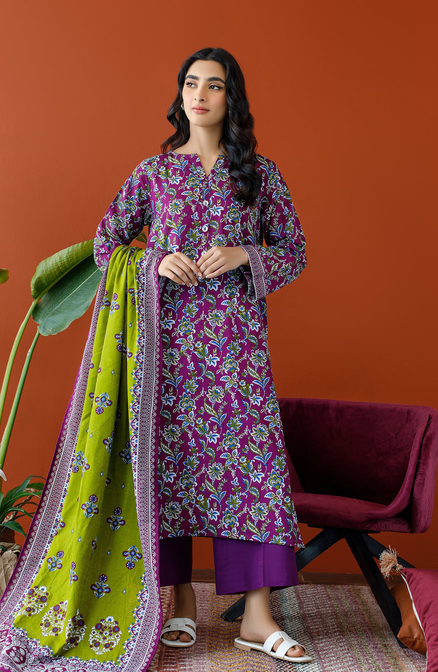 OTL-23-326/U PLUM KHADDAR Women UNSTITCHED SHIRT DUPATTA PANTS